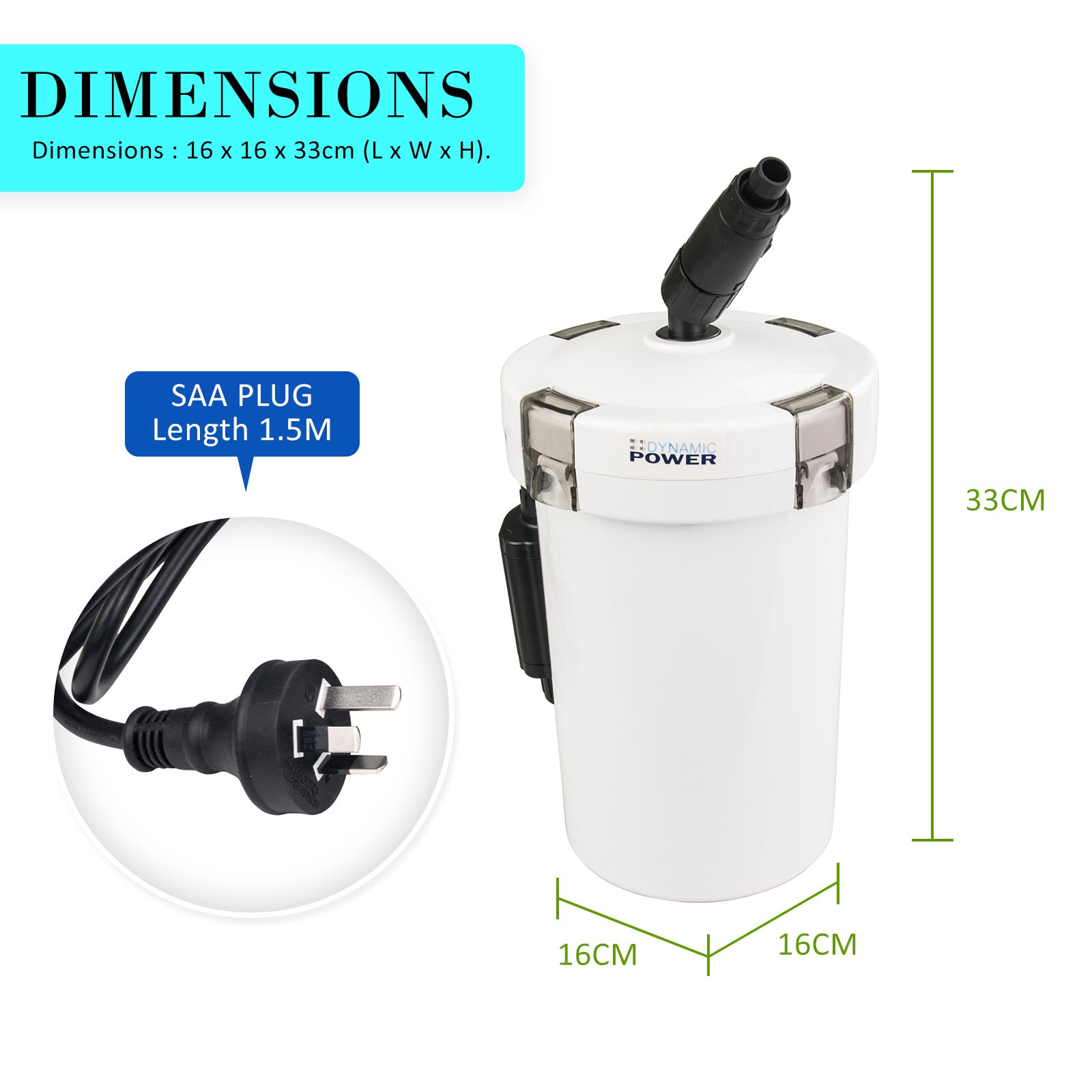 Dynamic Power Aquarium External Canister Filter with 400L/H capacity, featuring a compact design and multiple filtration options for aquariums.