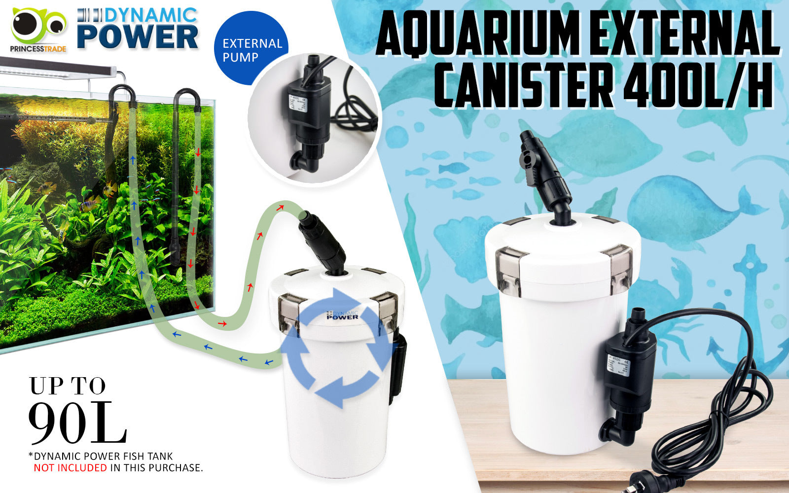 Dynamic Power Aquarium External Canister Filter with 400L/H capacity, featuring a compact design and multiple filtration options for aquariums.