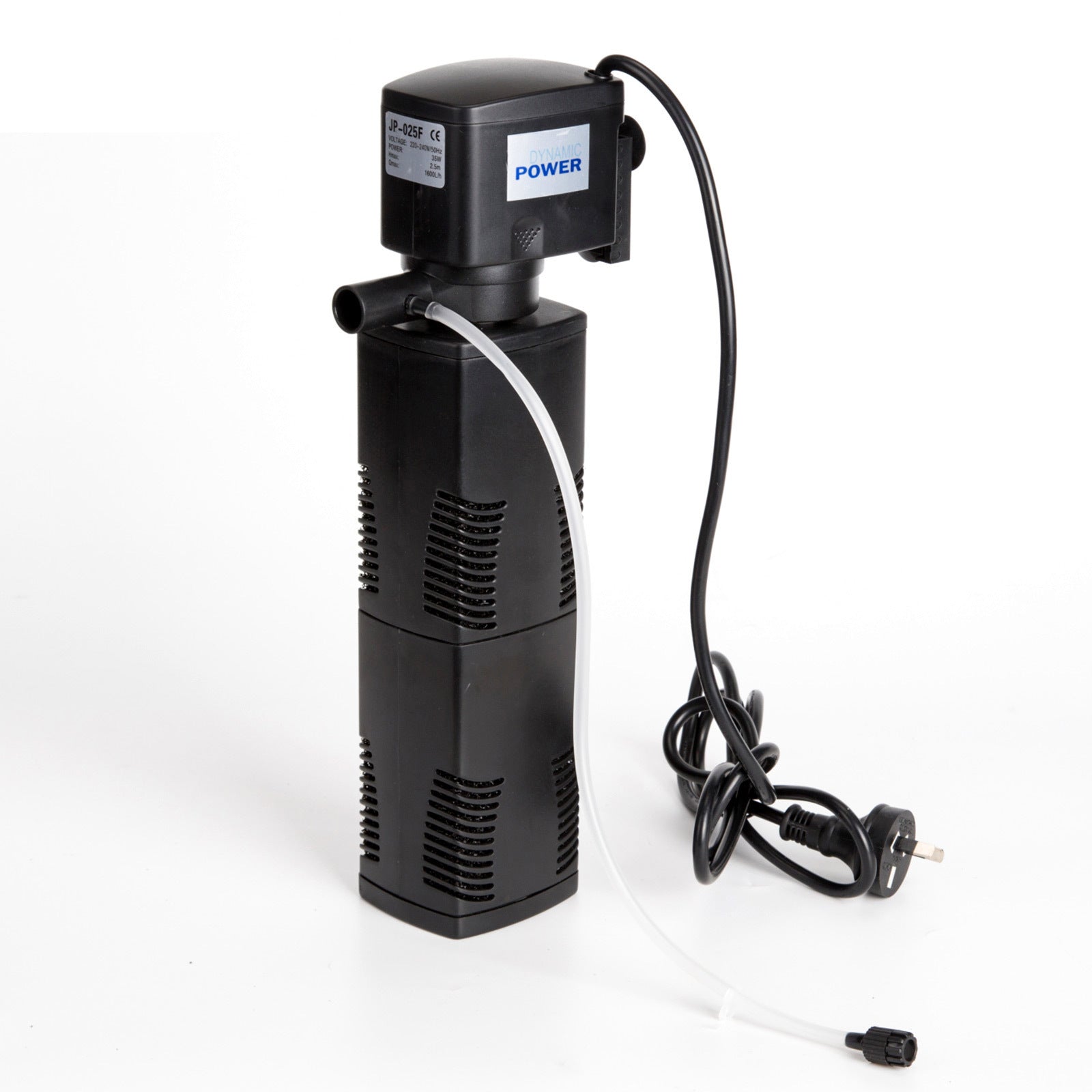 Dynamic Power Aquarium Submersible Filter with air tube, showcasing its compact design and durable ABS material.