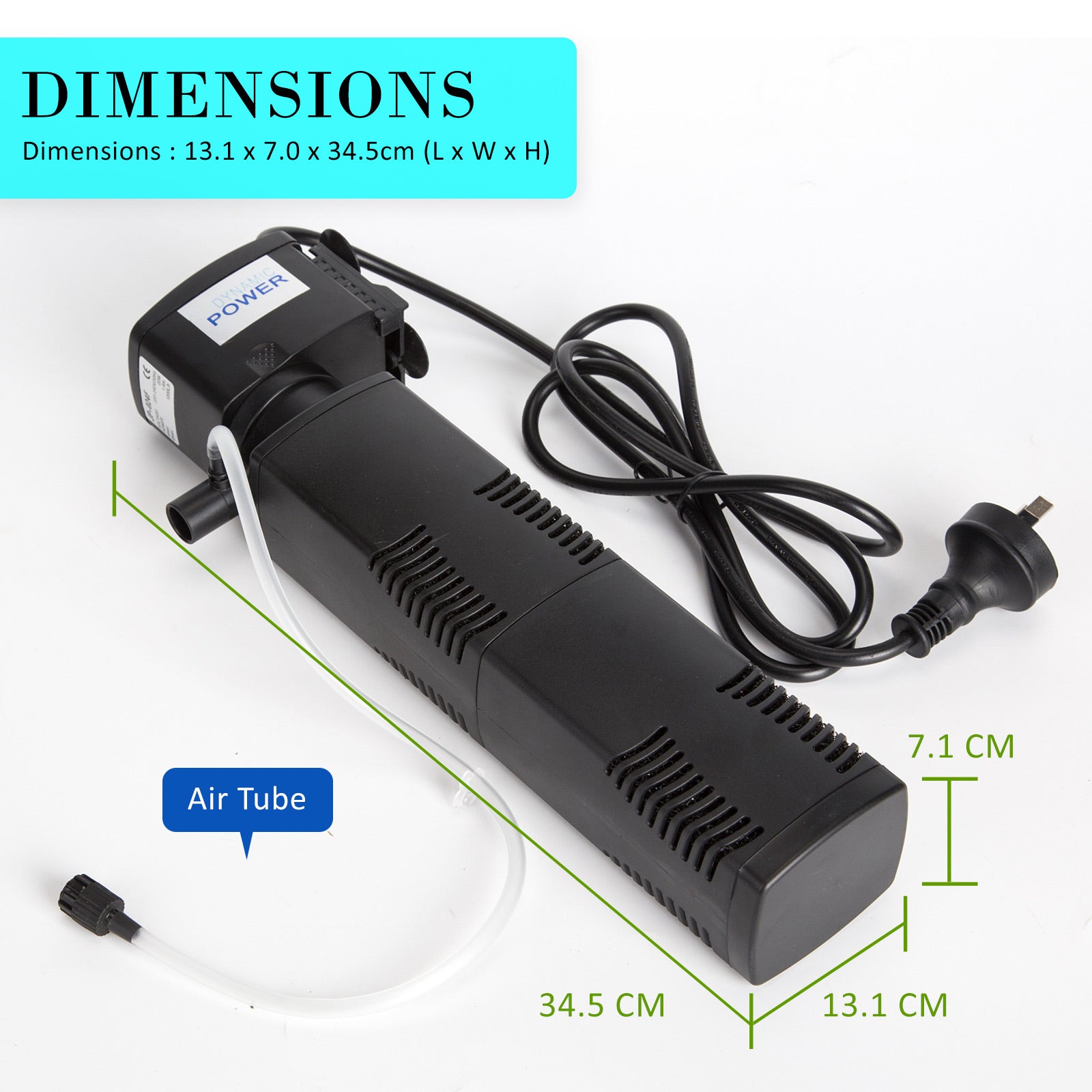 Dynamic Power Aquarium Submersible Filter with air tube, showcasing its compact design and durable ABS material.