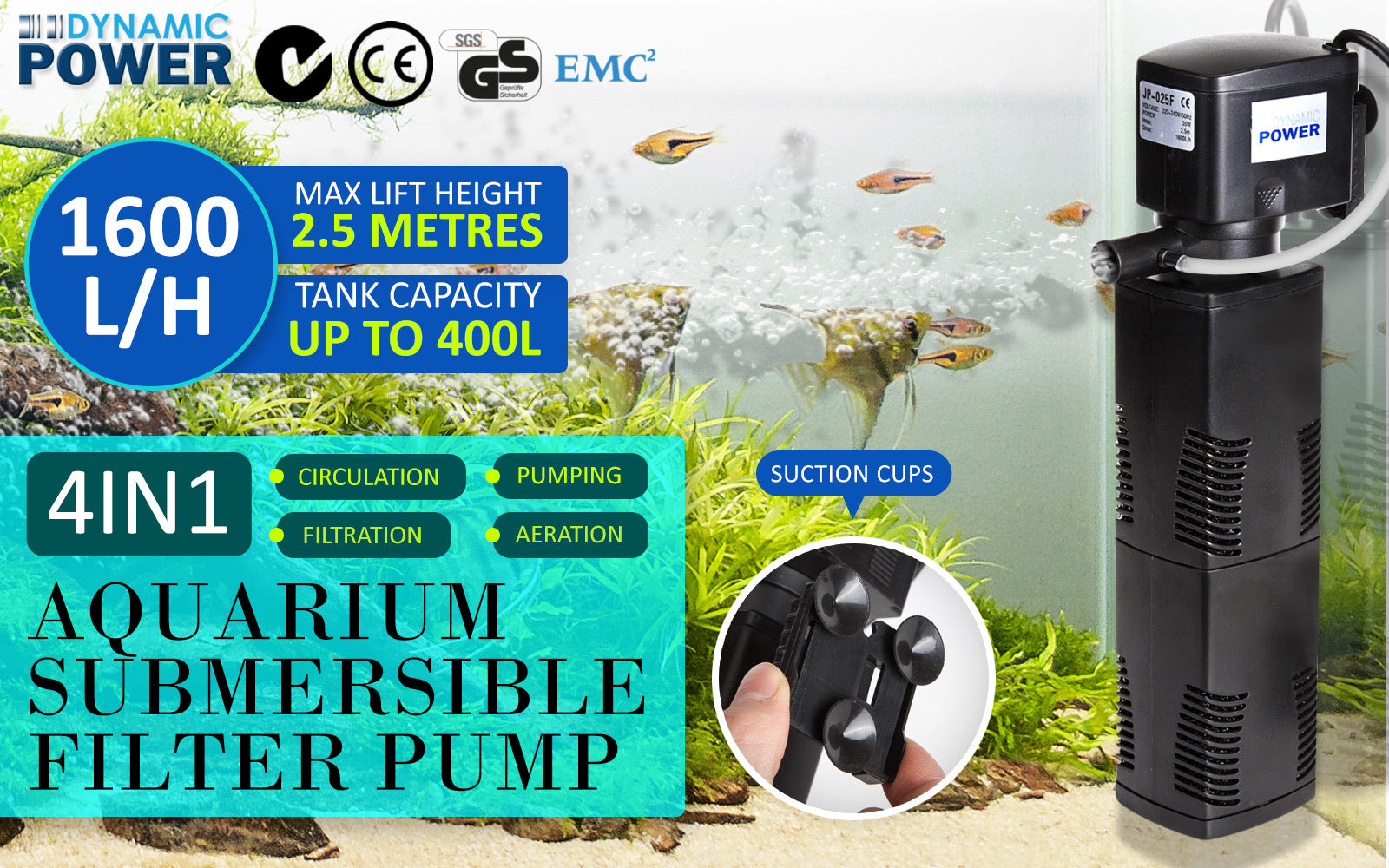 Dynamic Power Aquarium Submersible Filter with air tube, showcasing its compact design and durable ABS material.