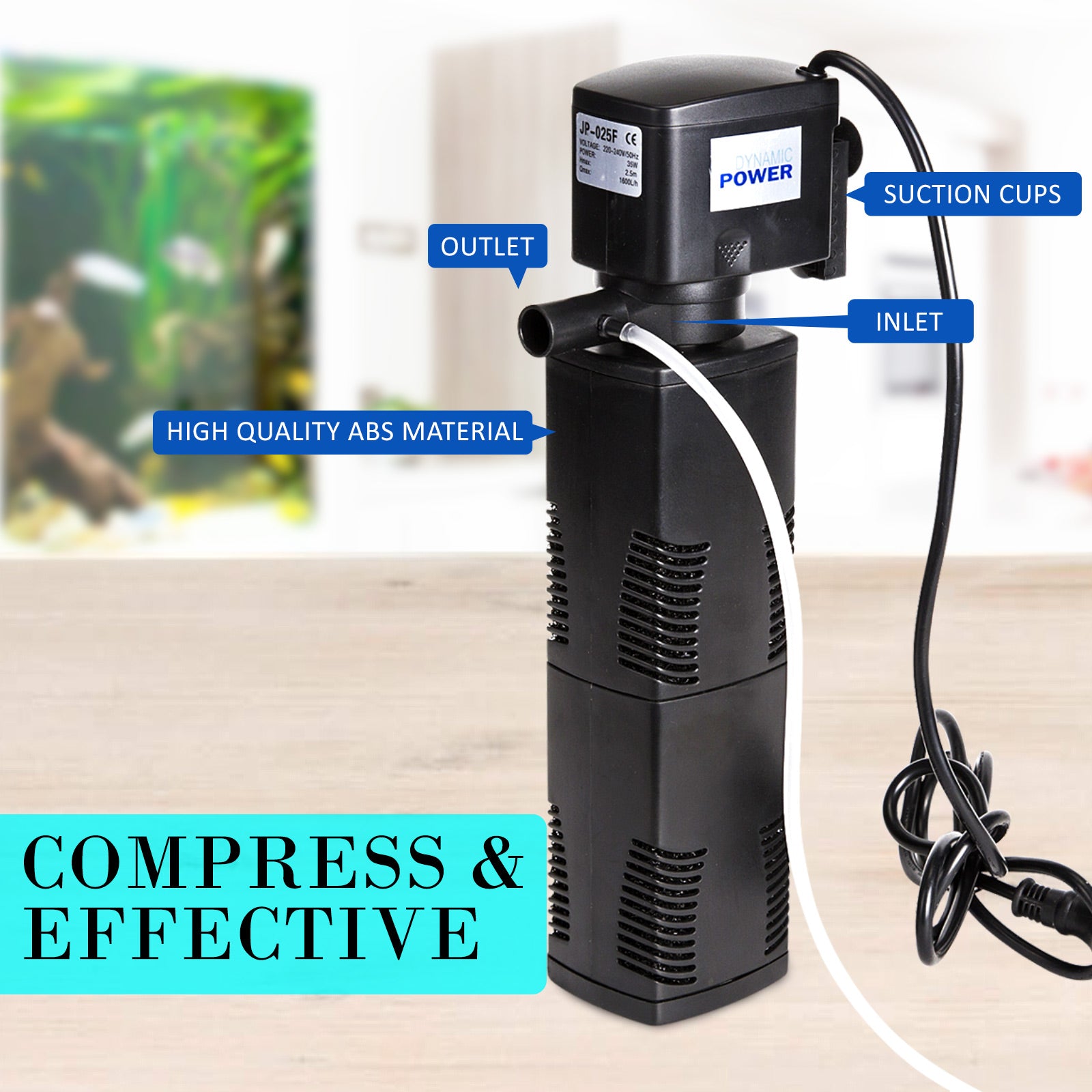 Dynamic Power Aquarium Submersible Filter with air tube, showcasing its compact design and durable ABS material.