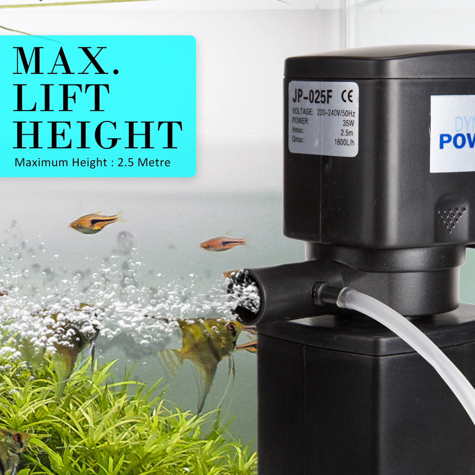 Dynamic Power Aquarium Submersible Filter with air tube, showcasing its compact design and durable ABS material.