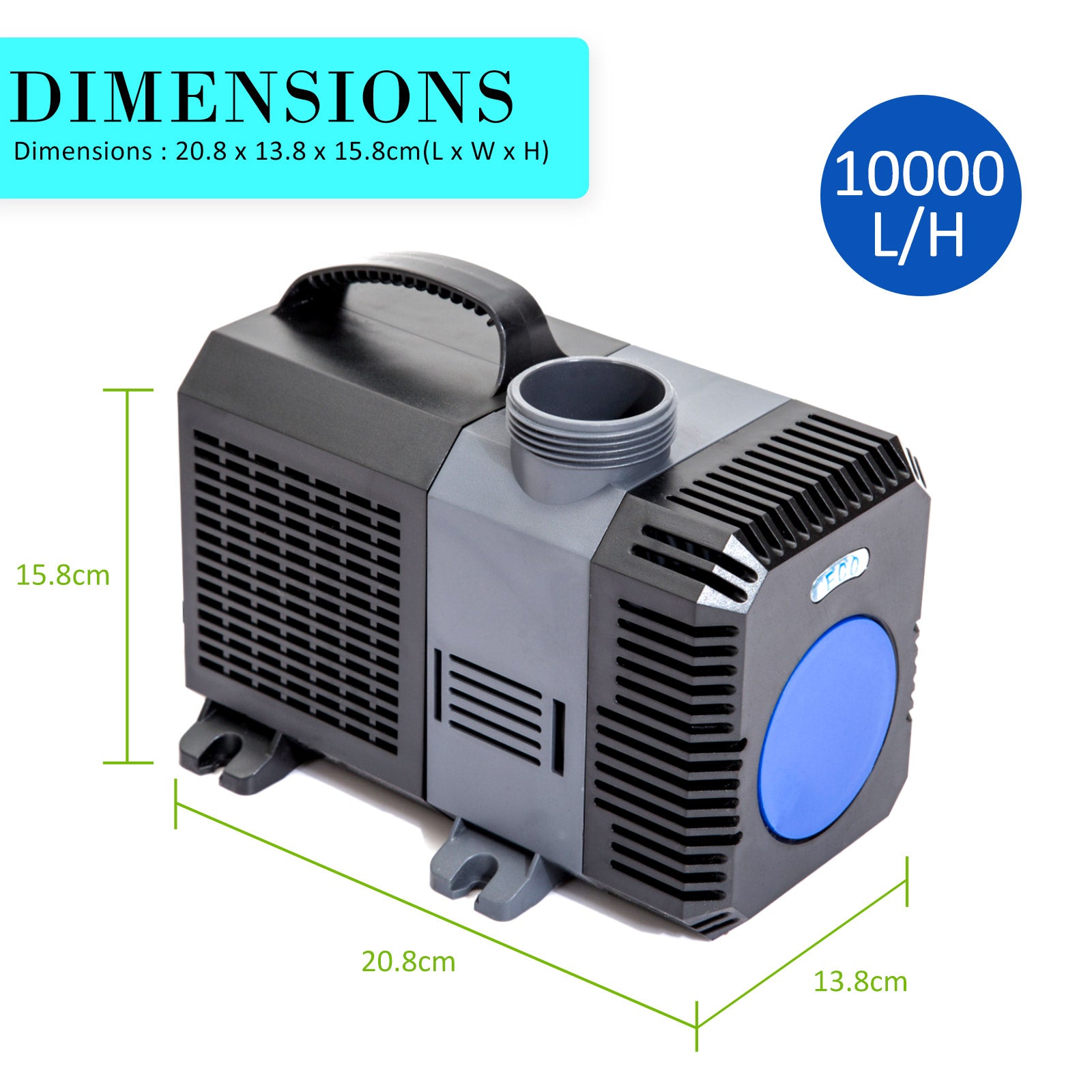 Dynamic Power Aquarium Submersible Pond Water Pump 10000L/H with stainless steel and PVC construction, designed for efficient water circulation.