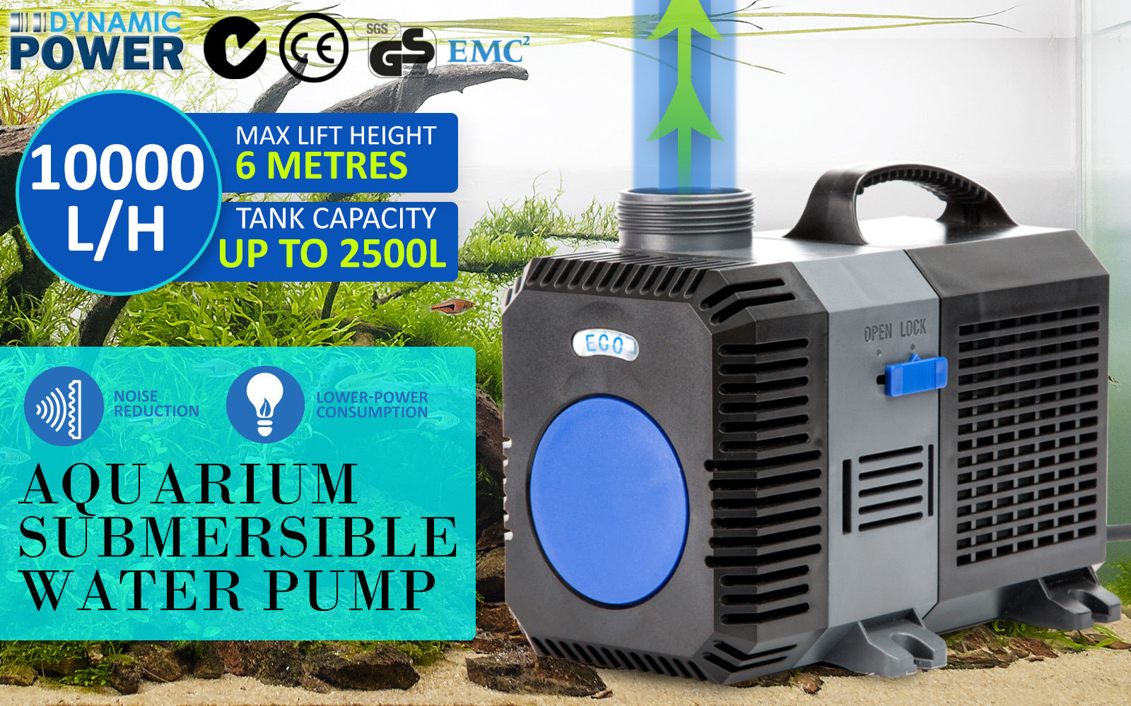 Dynamic Power Aquarium Submersible Pond Water Pump 10000L/H with stainless steel and PVC construction, designed for efficient water circulation.