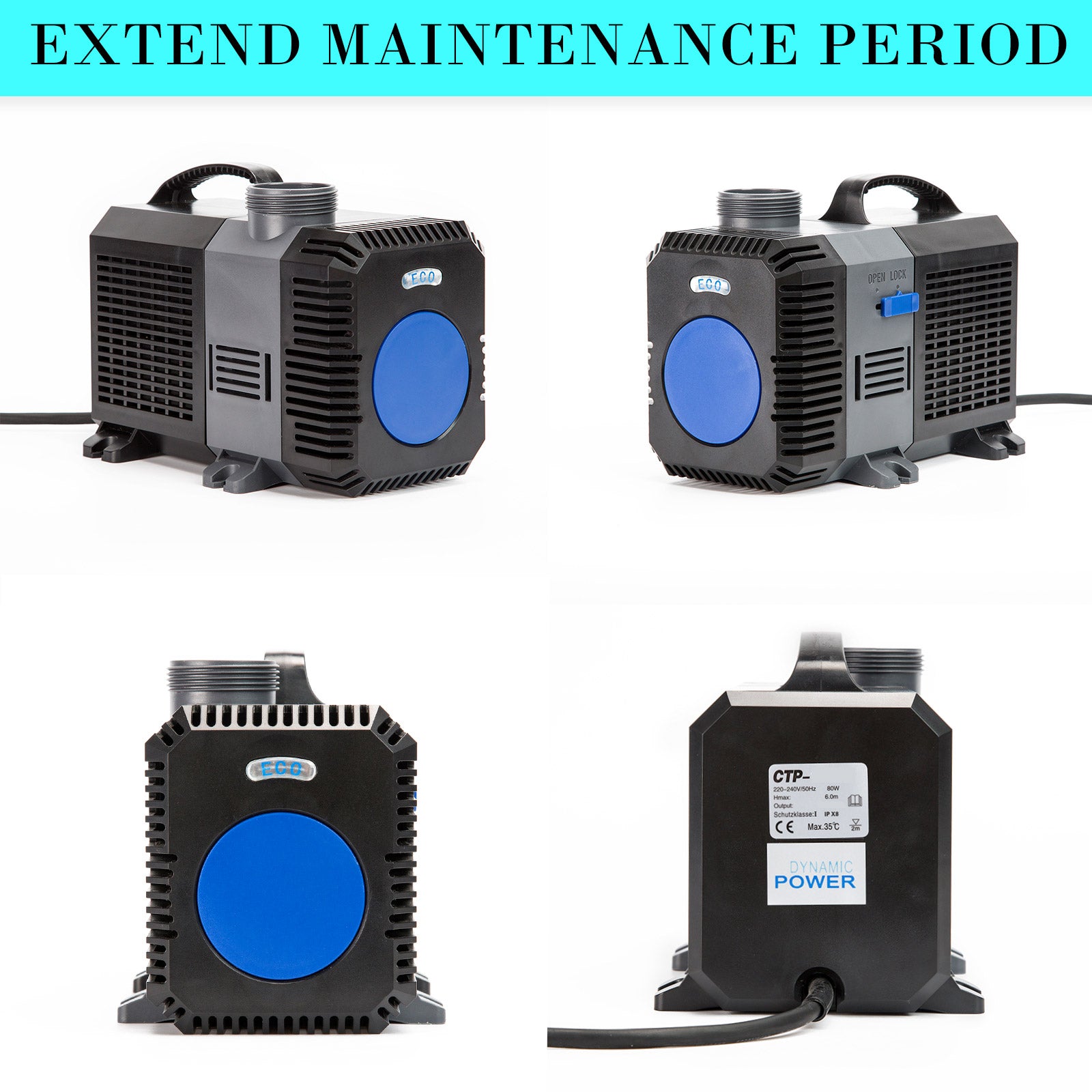 Dynamic Power Aquarium Submersible Pond Water Pump 10000L/H with stainless steel and PVC construction, designed for efficient water circulation.