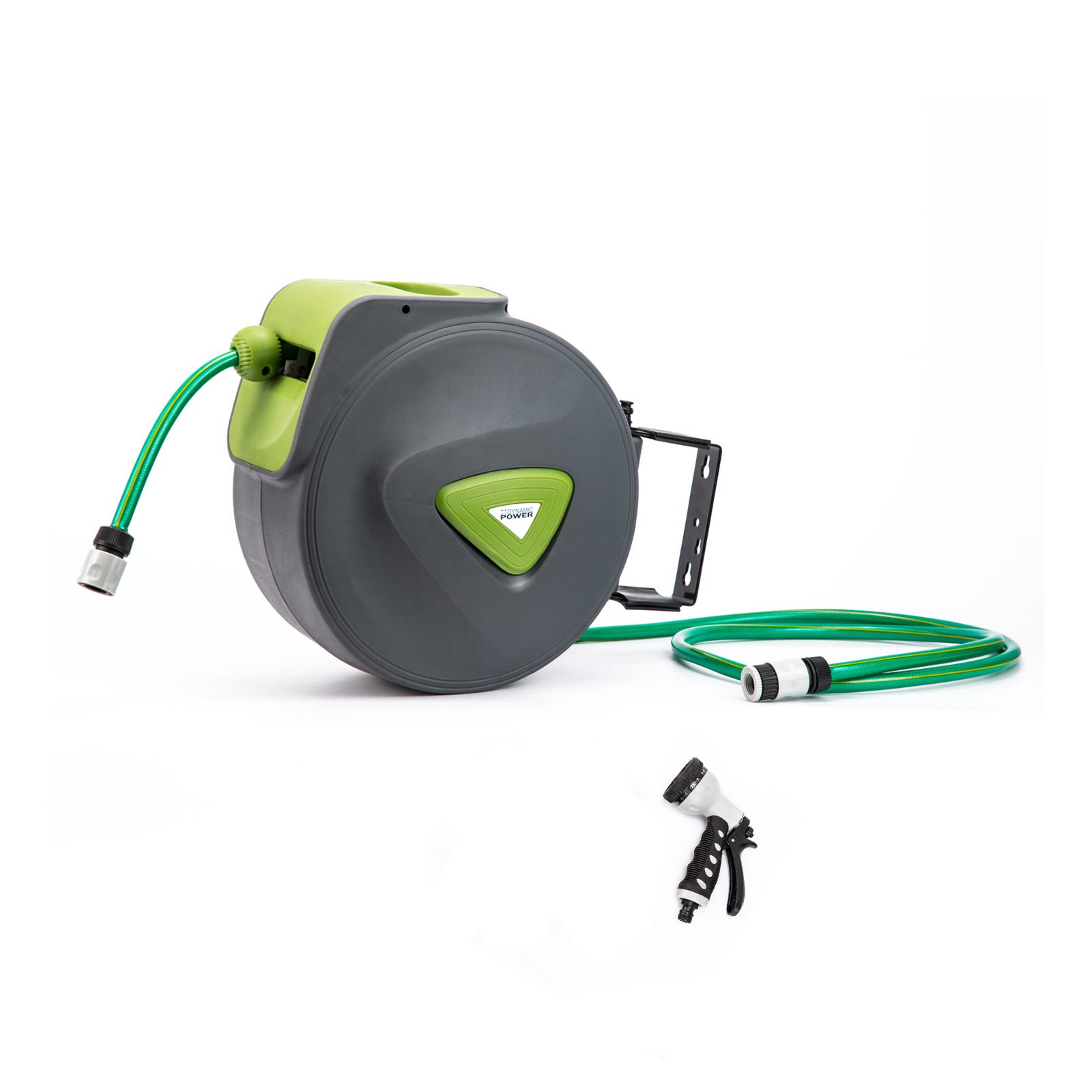 Dynamic Power Garden Water Hose 10M Retractable Reel mounted on a wall, featuring a grey and green design with a spray gun.