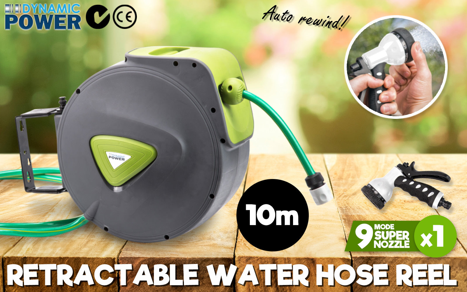 Dynamic Power Garden Water Hose 10M Retractable Reel mounted on a wall, featuring a grey and green design with a spray gun.