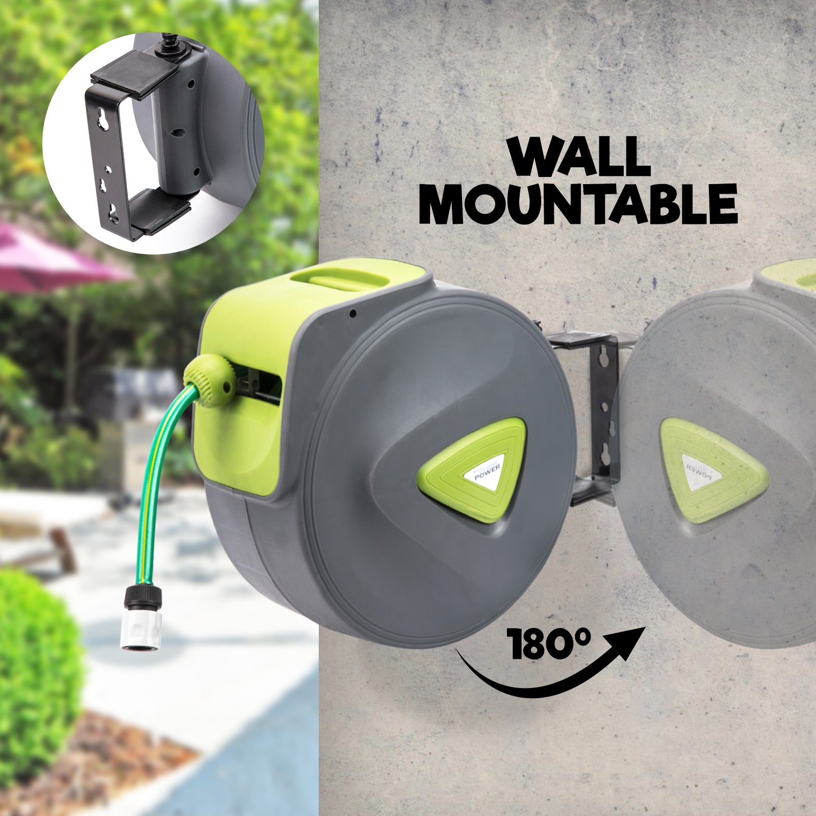 Dynamic Power Garden Water Hose 10M Retractable Reel mounted on a wall, featuring a grey and green design with a spray gun.