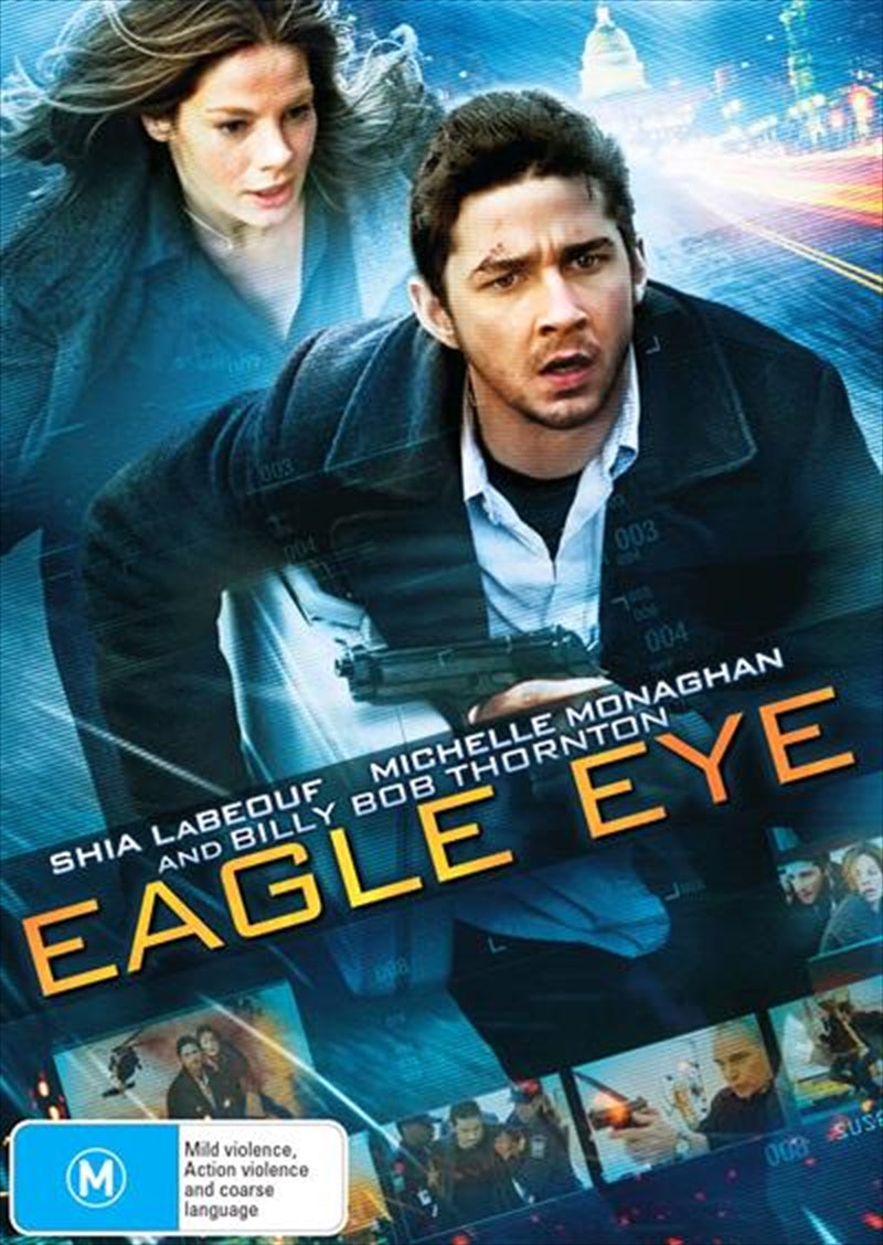 Eagle Eye DVD cover featuring Shia LaBeouf and Michelle Monaghan in an action-packed scene.