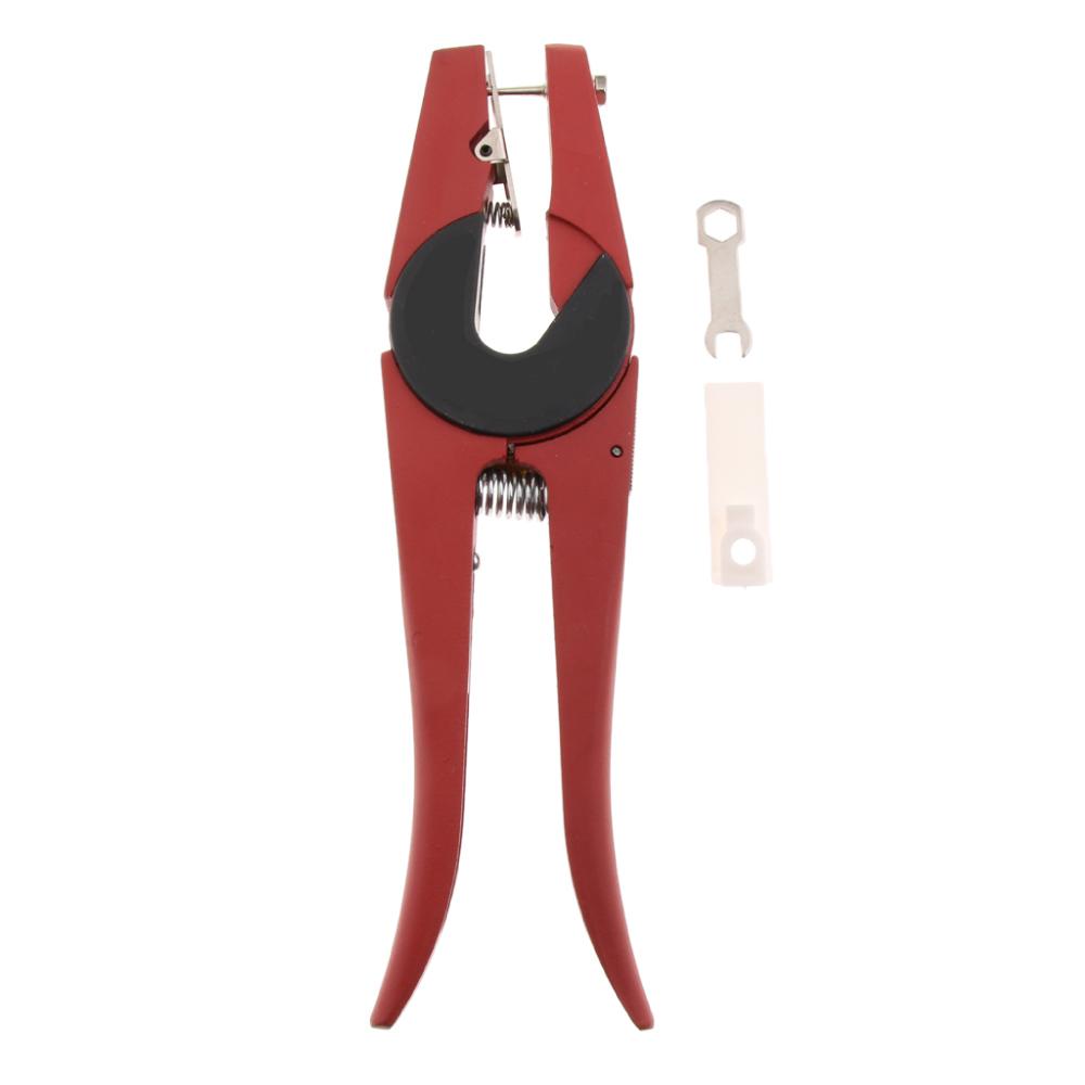 Ear Tag Applicator Plier in red, made of metal and alloy, designed for tagging livestock such as cattle, pigs, and sheep.