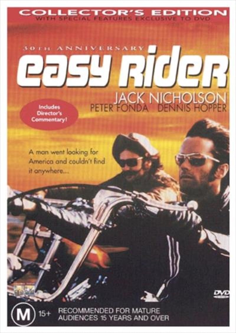 Easy Rider DVD cover featuring Peter Fonda, Dennis Hopper, and Jack Nicholson, showcasing a motorcycle journey through the American landscape.