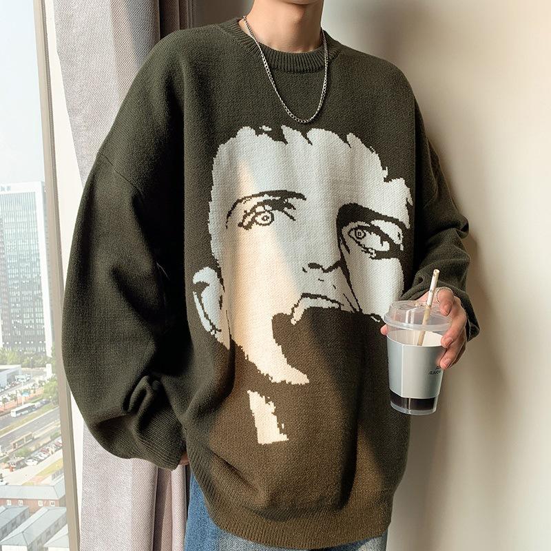 E-Baihui 2020 Men's Autumn and Winter Sweater in black and green with round neck and long sleeves, featuring an animal print pattern.