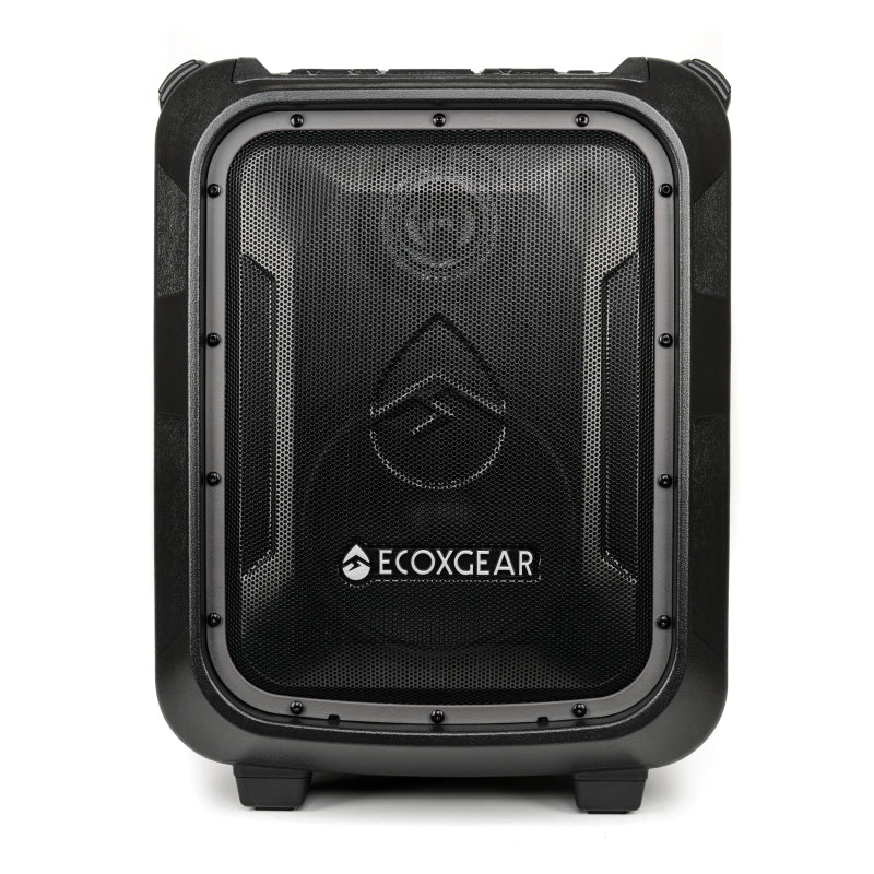 ECOXGEAR Ecoboulder+ Bluetooth speaker floating on water, showcasing its waterproof design.