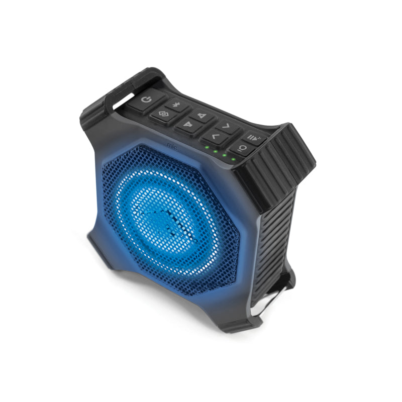 ECOXGEAR EcoEdge+ Grey waterproof Bluetooth speaker with RGB lights, showcasing its rugged design and compact size.