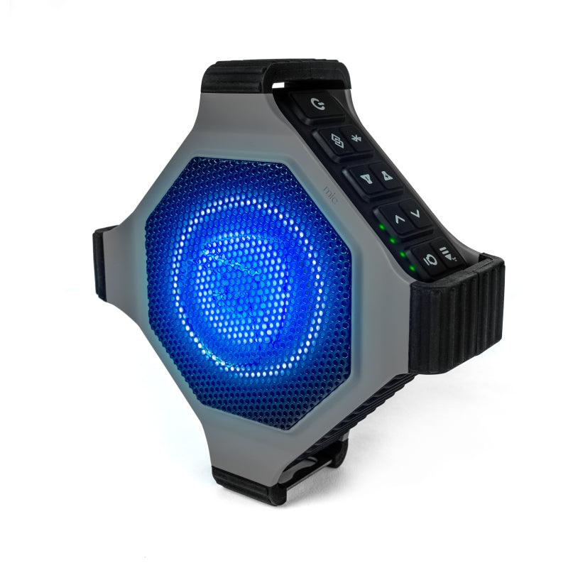 ECOXGEAR EcoEdge+ Grey waterproof Bluetooth speaker with RGB lights, showcasing its rugged design and compact size.