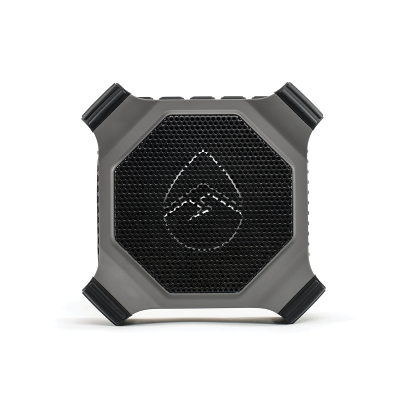 ECOXGEAR EcoEdge+ Grey waterproof Bluetooth speaker with RGB lights, showcasing its rugged design and compact size.