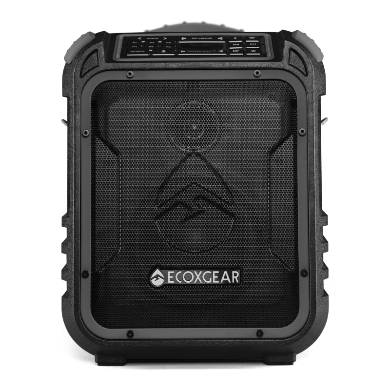 ECOXGEAR EcoXplorer Grey portable Bluetooth speaker with waterproof design and carry strap.