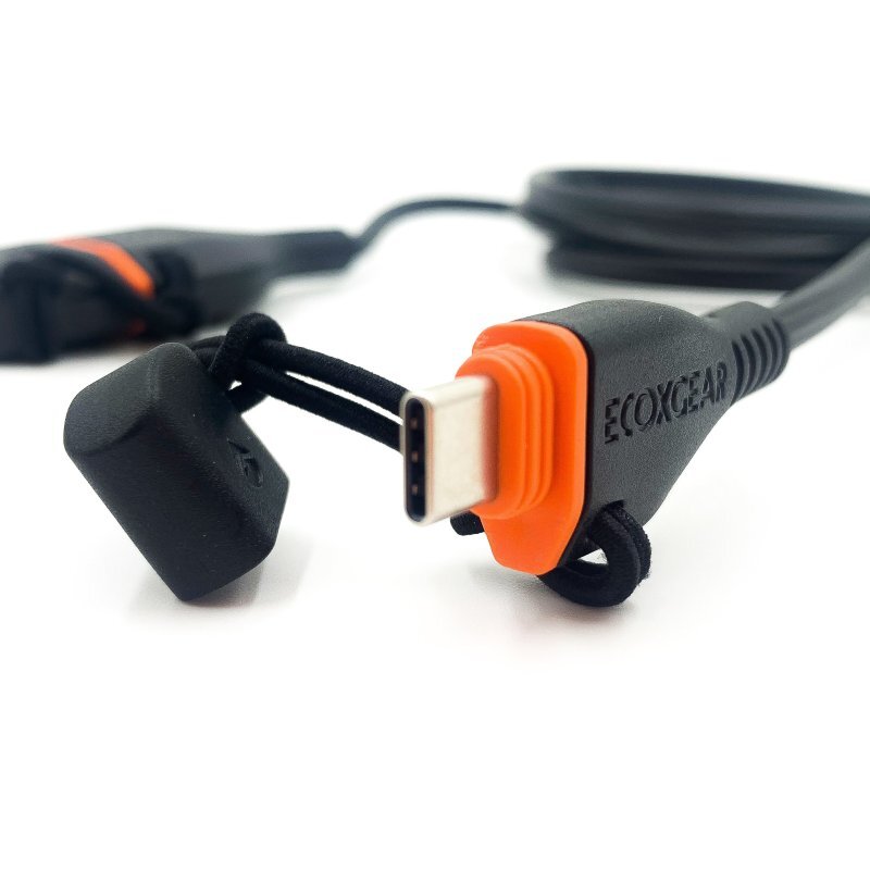 ECOXGEAR USB-C cable with rugged rubber coating and waterproof design, ideal for outdoor use.