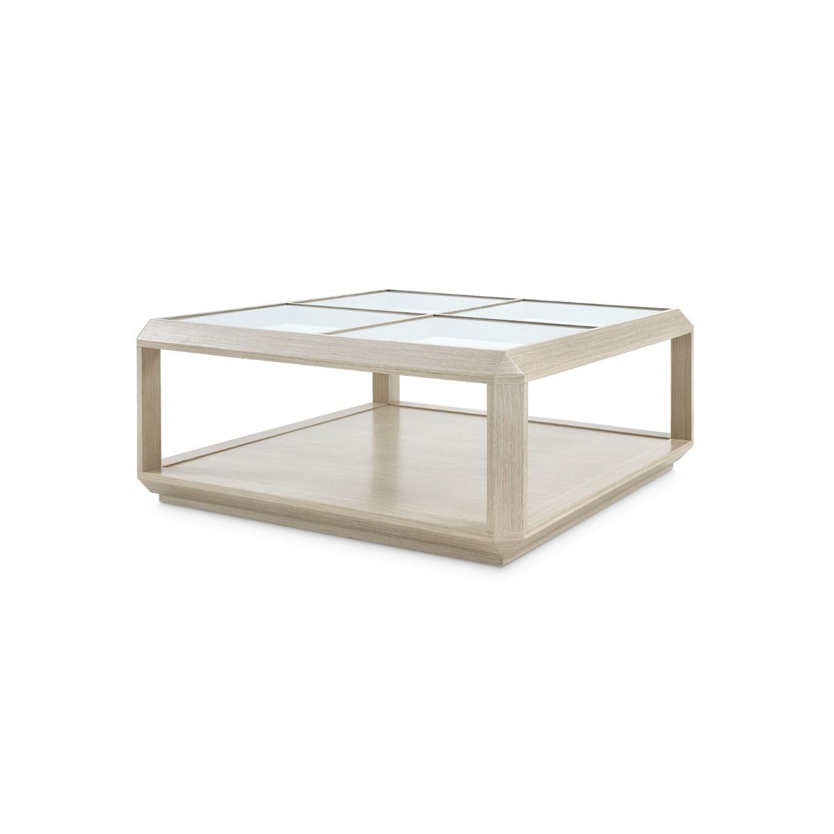 Eden Coffee Table in Washed Oak featuring four clear tempered glass tops and a minimalist design, perfect for modern living spaces.