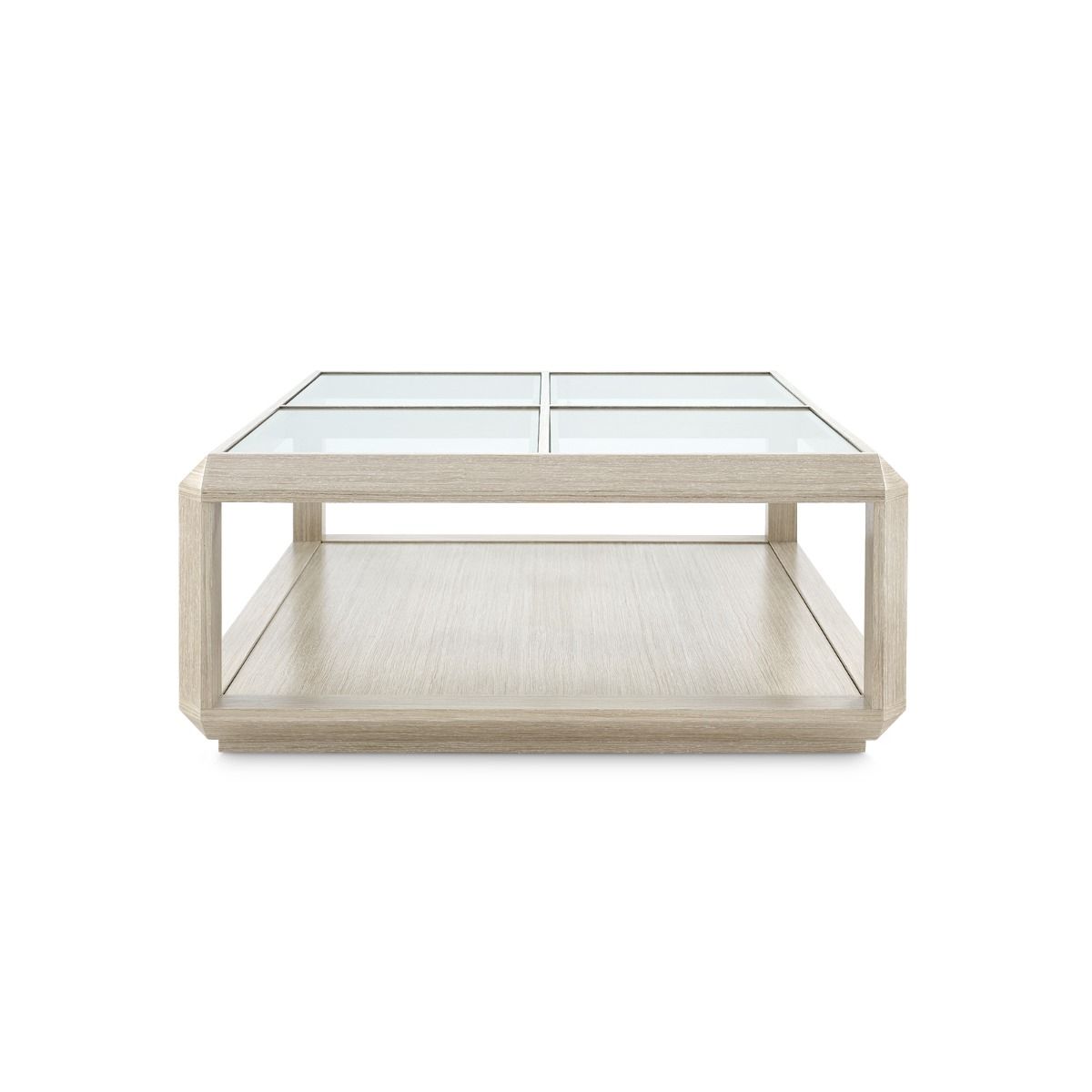 Eden Coffee Table in Washed Oak featuring four clear tempered glass tops and a minimalist design, perfect for modern living spaces.