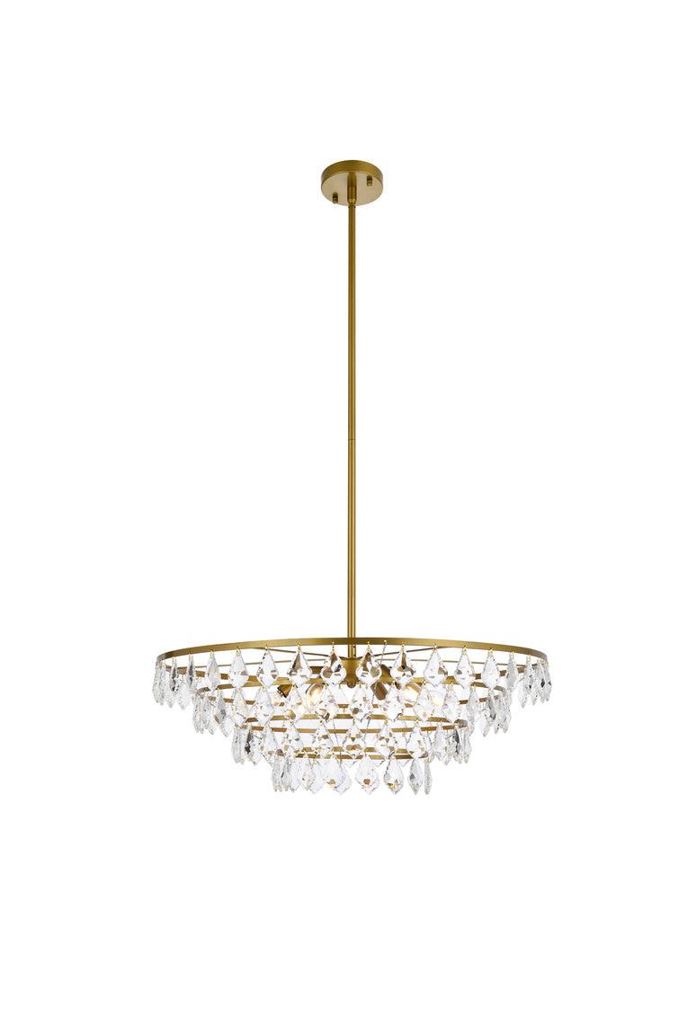 Ella 28 inch brass pendant light showcasing its elegant design and six bulb sockets.