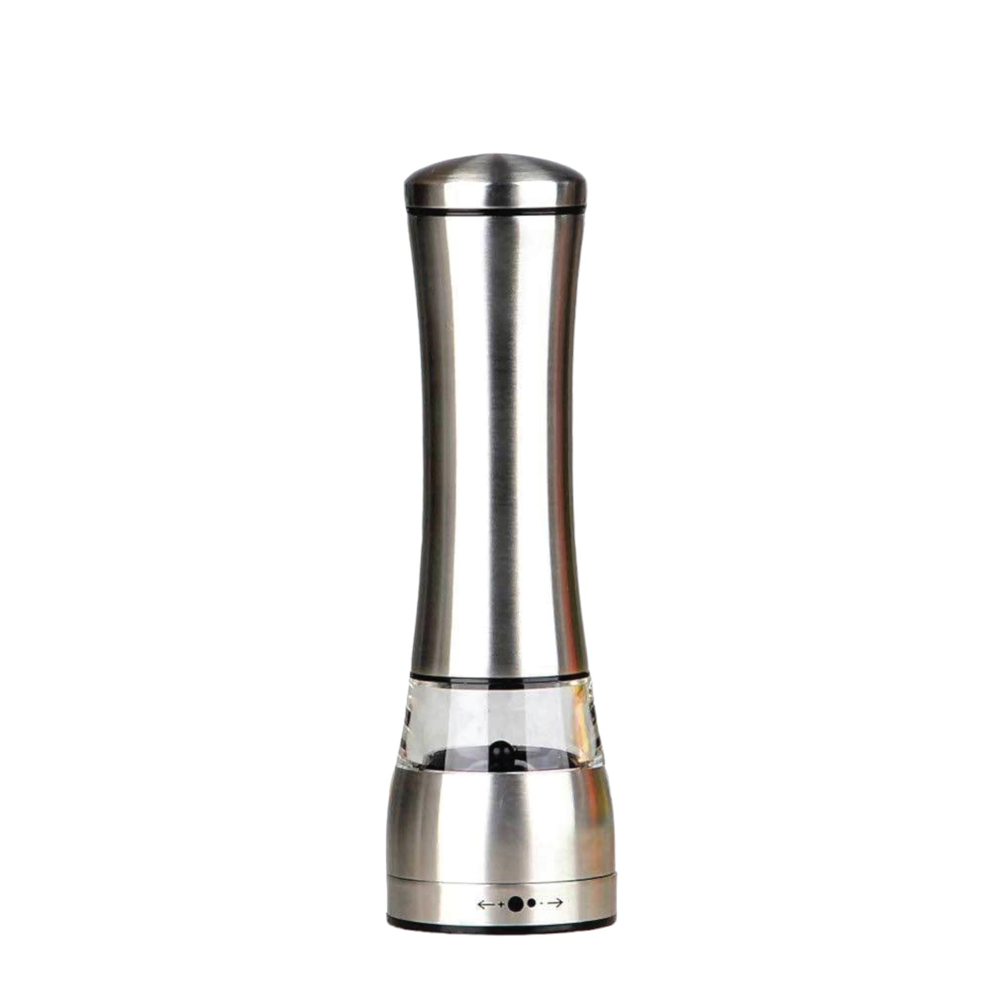 Electric Battery Salt or Pepper Grinder in stainless steel with adjustable settings and built-in light for easy seasoning.