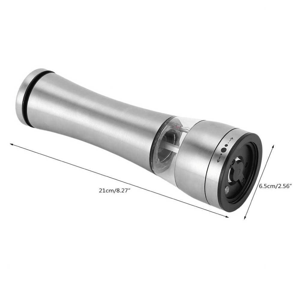 Electric Battery Salt or Pepper Grinder in stainless steel with adjustable settings and built-in light for easy seasoning.