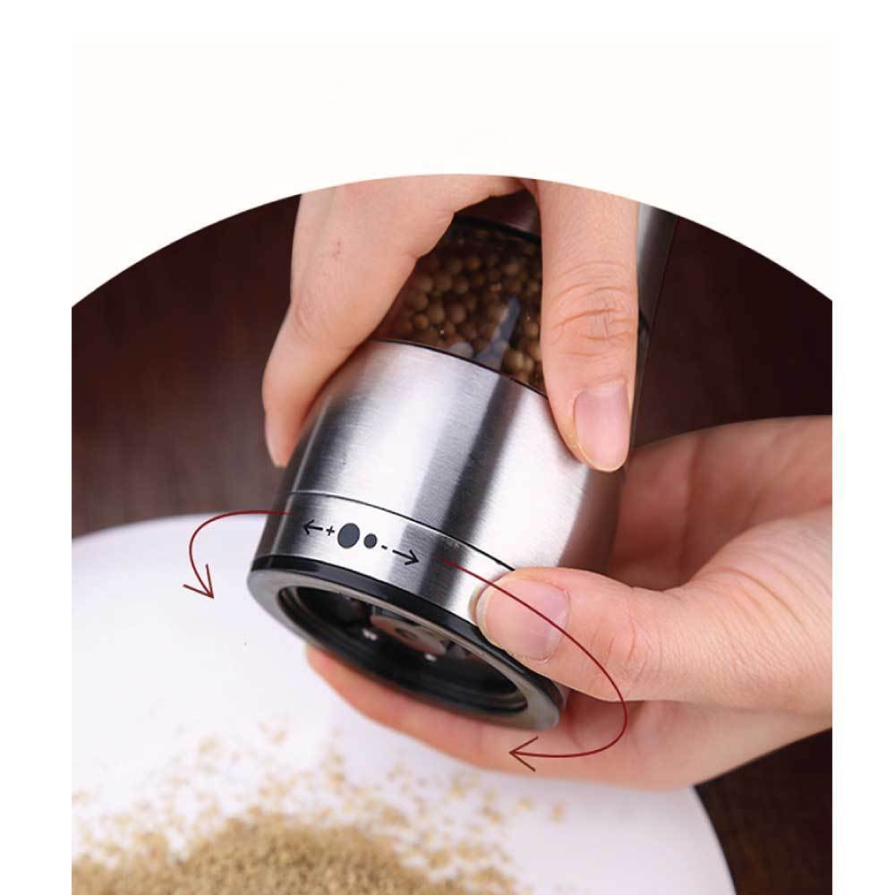 Electric Battery Salt or Pepper Grinder in stainless steel with adjustable settings and built-in light for easy seasoning.