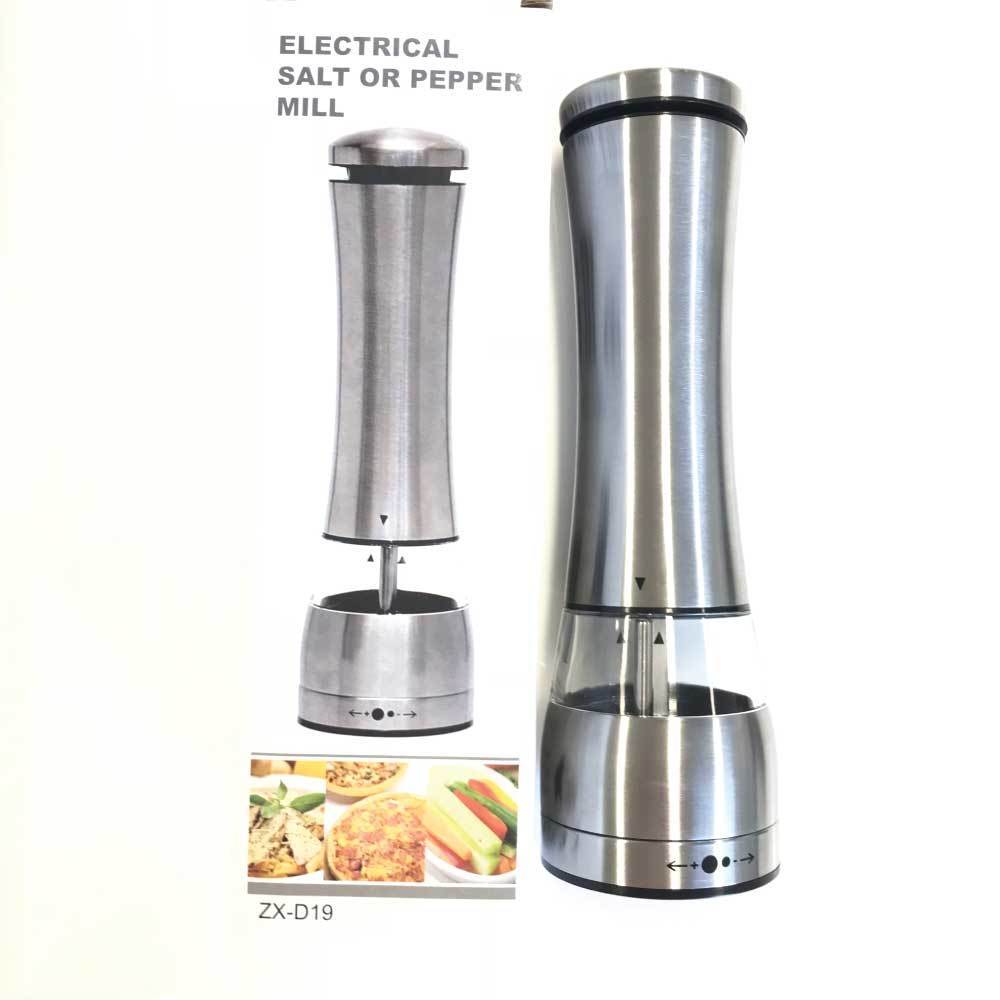 Electric Battery Salt or Pepper Grinder in stainless steel with adjustable settings and built-in light for easy seasoning.