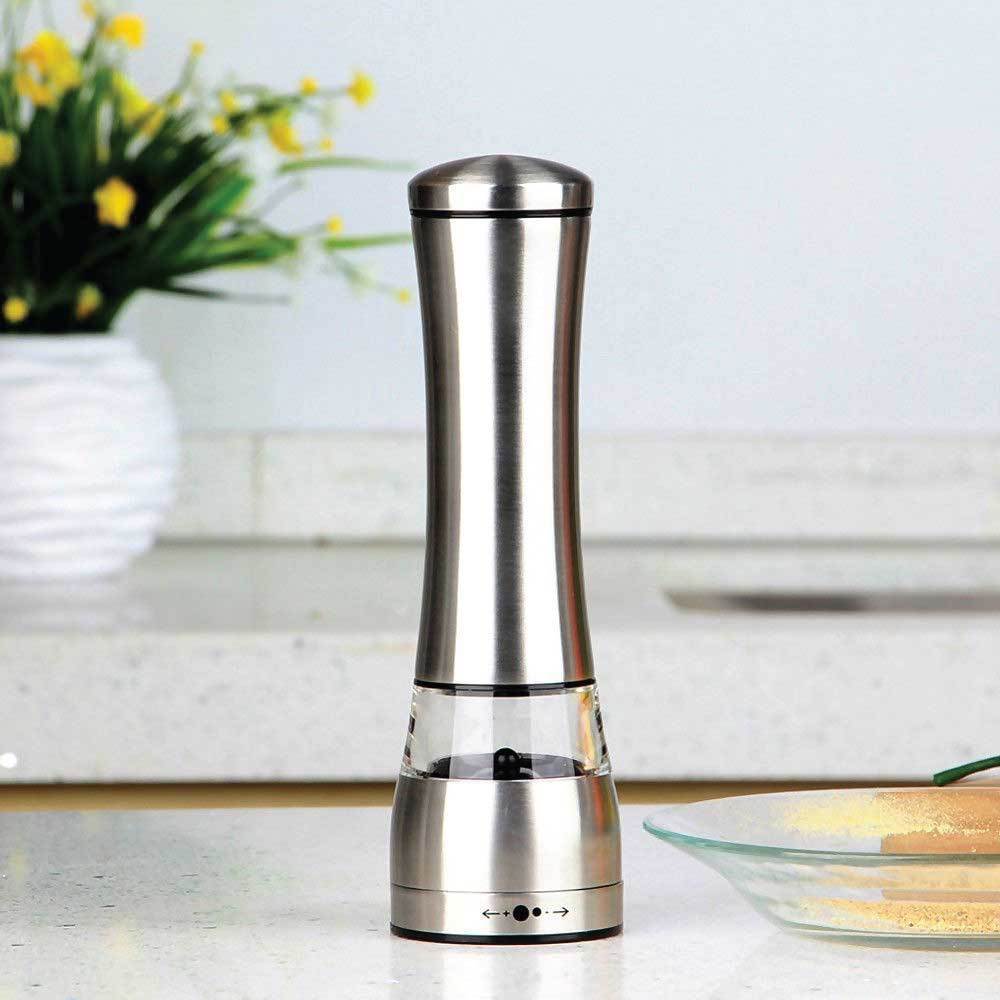 Electric Battery Salt or Pepper Grinder in stainless steel with adjustable settings and built-in light for easy seasoning.