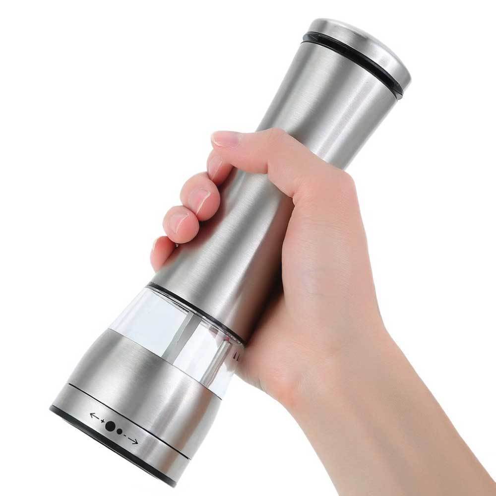 Electric Battery Salt or Pepper Grinder in stainless steel with adjustable settings and built-in light for easy seasoning.