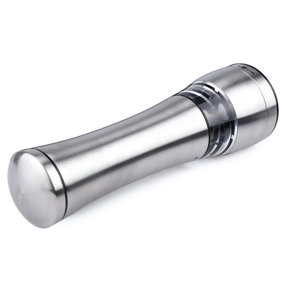 Electric Battery Salt or Pepper Grinder in stainless steel with adjustable settings and built-in light for easy seasoning.