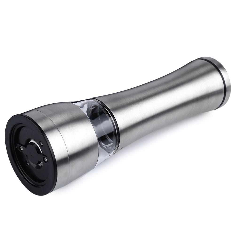 Electric Battery Salt or Pepper Grinder in stainless steel with adjustable settings and built-in light for easy seasoning.