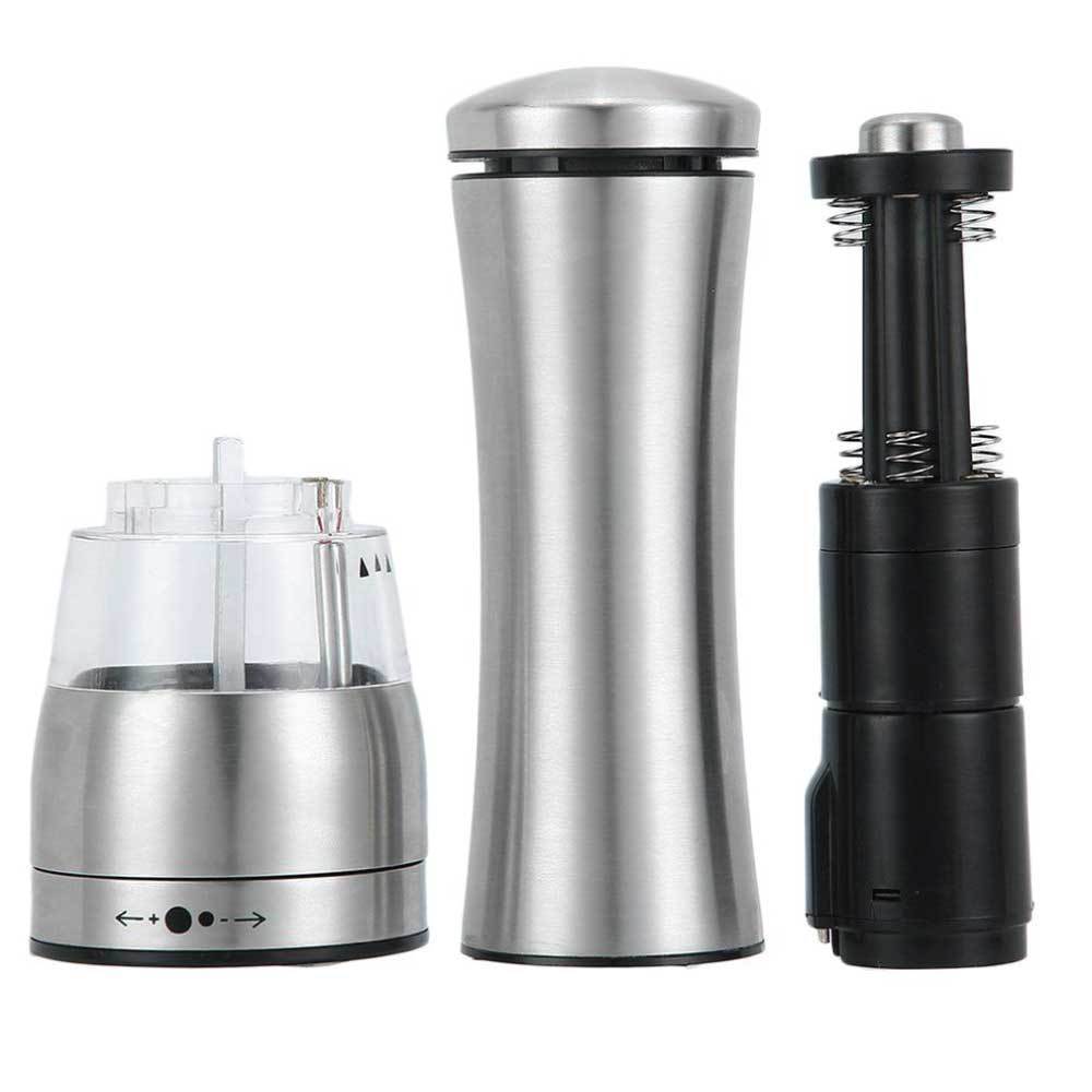 Electric Battery Salt or Pepper Grinder in stainless steel with adjustable settings and built-in light for easy seasoning.