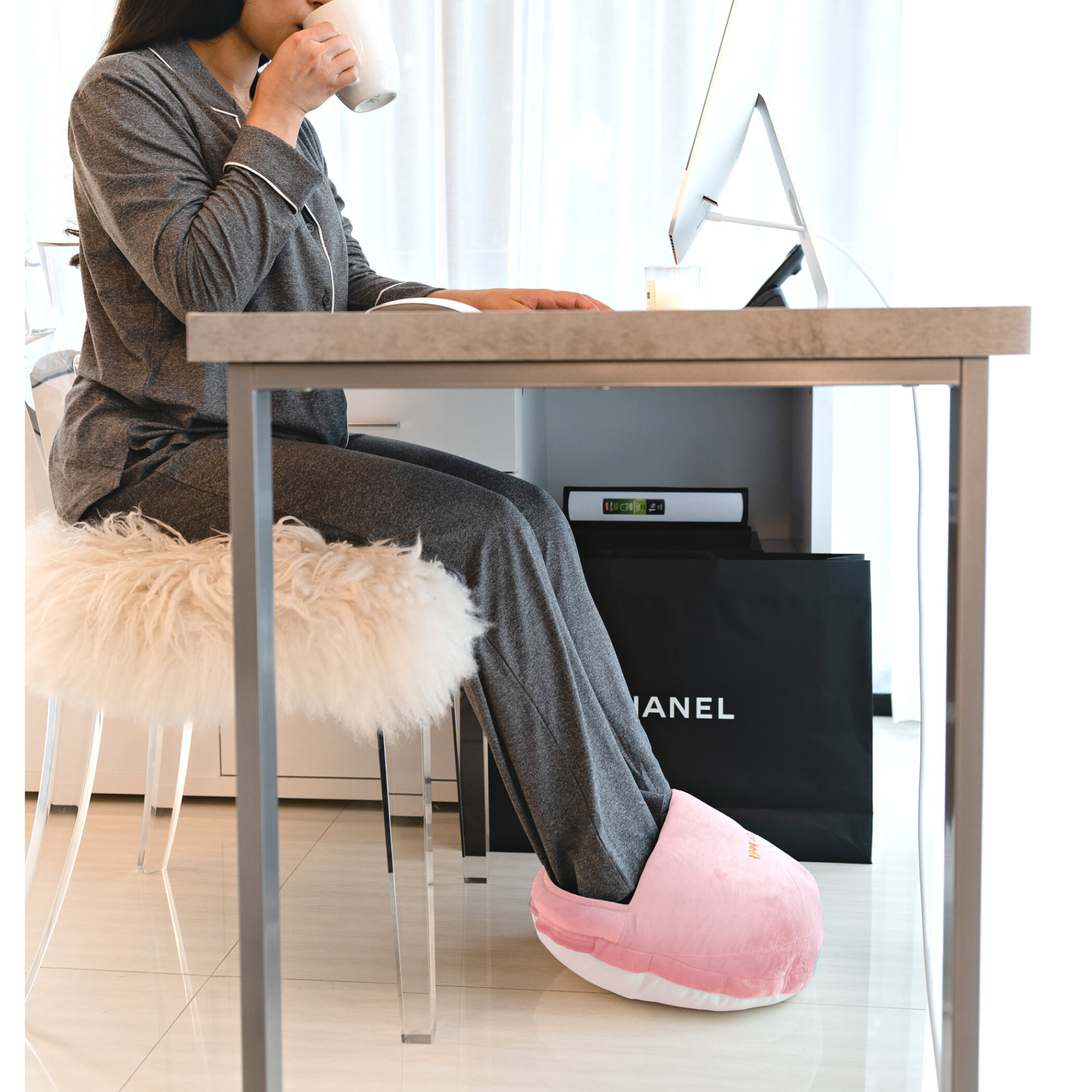 Electric Foot Warmer with soft fleece cover and non-skid bottom, designed for comfort and warmth.