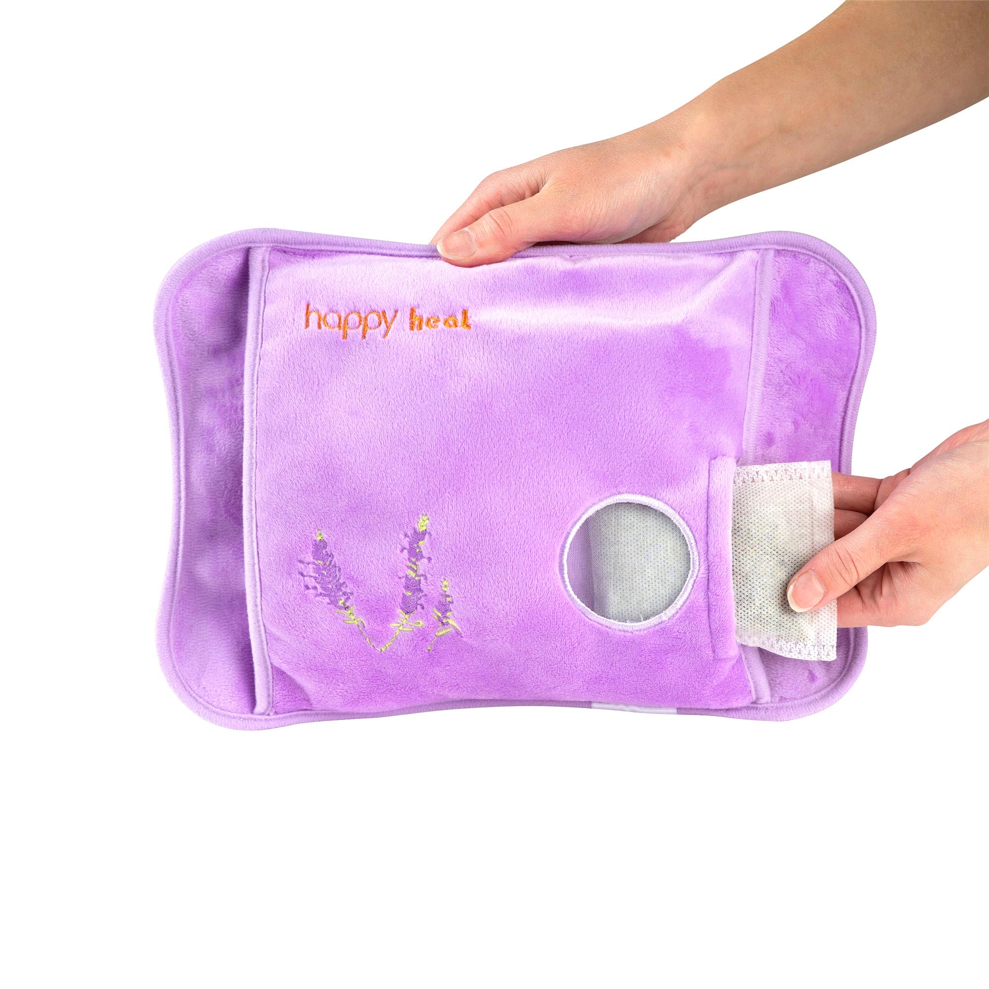 A lavender Electric Hand Warmer with a soft cover, AC adaptor, and lavender sachet, designed for soothing warmth and comfort.