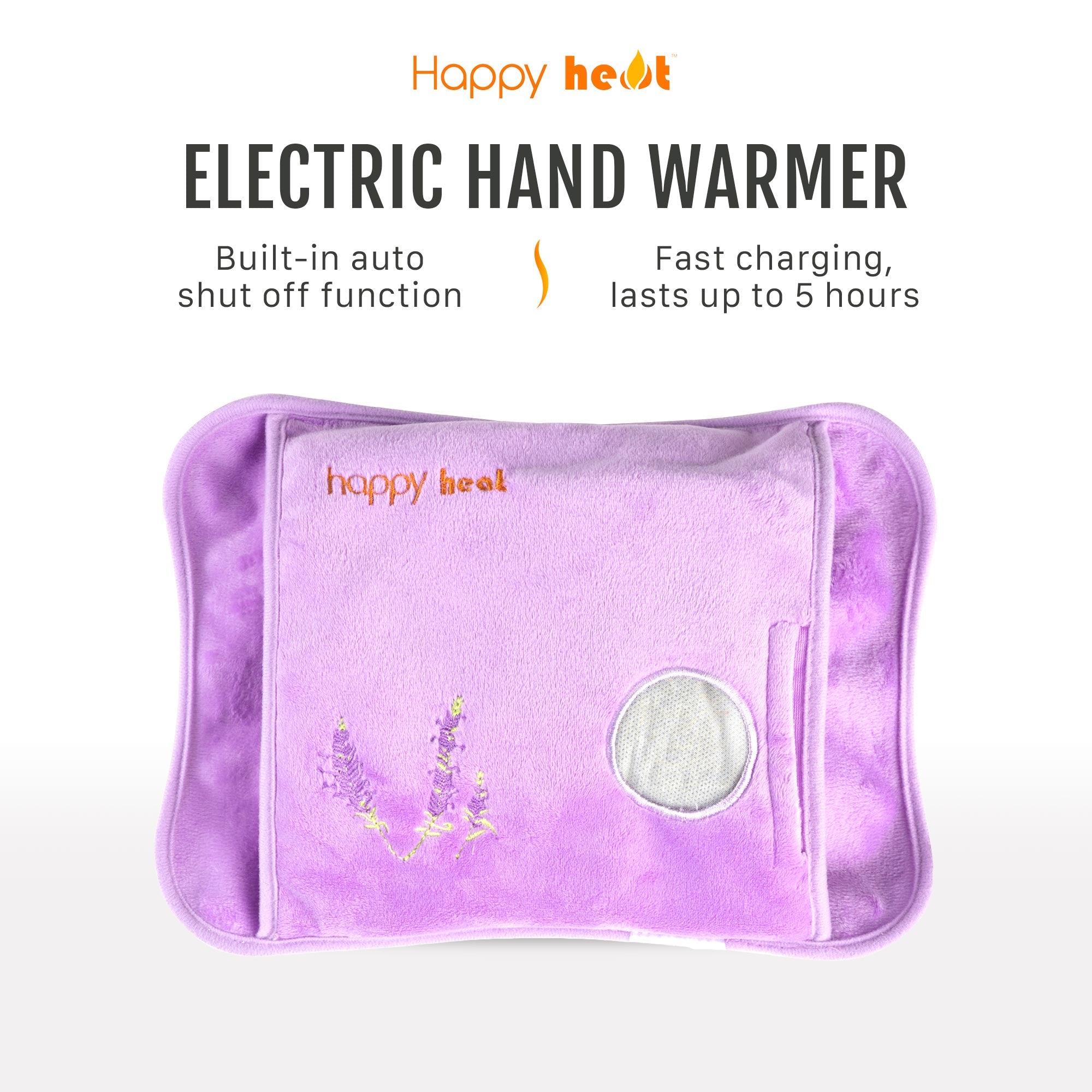 A lavender Electric Hand Warmer with a soft cover, AC adaptor, and lavender sachet, designed for soothing warmth and comfort.