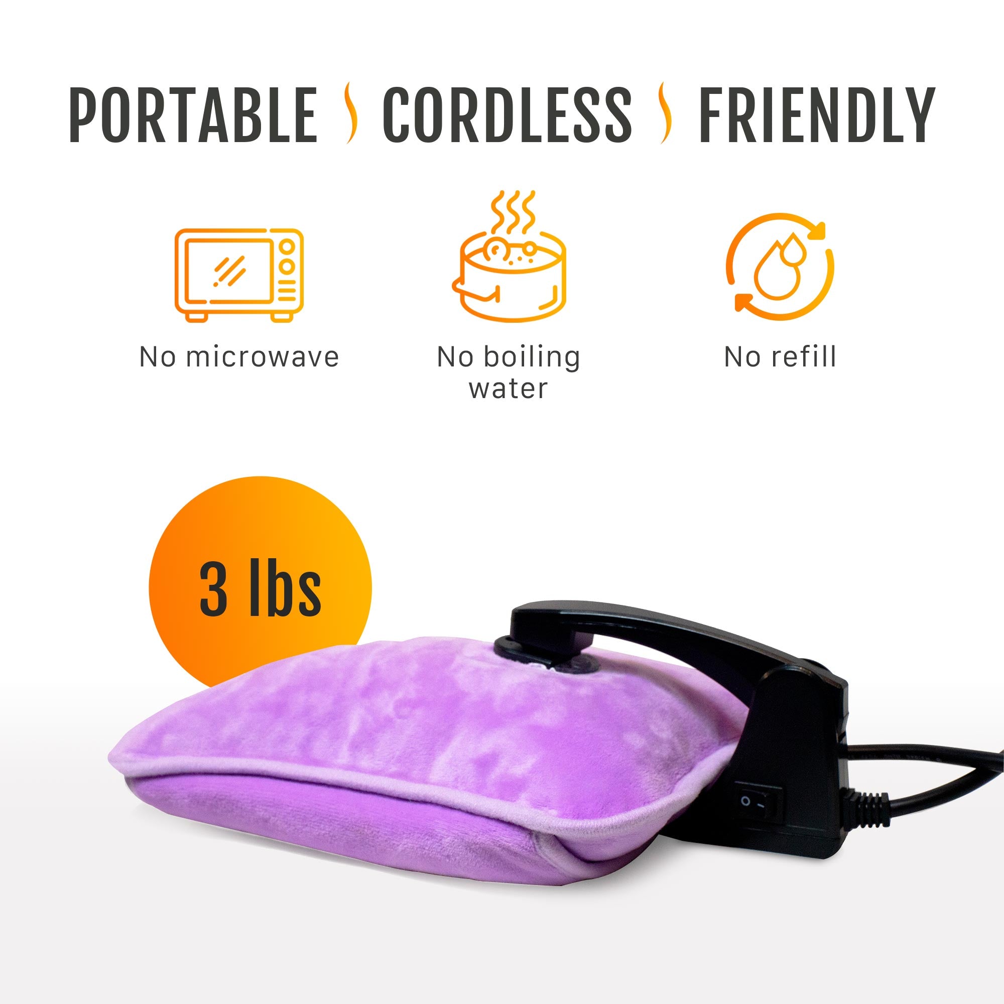 A lavender Electric Hand Warmer with a soft cover, AC adaptor, and lavender sachet, designed for soothing warmth and comfort.