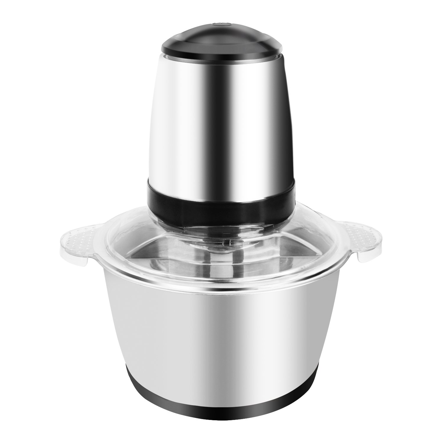 Electric Meat Grinder 300W in silver and black, showcasing its stainless steel mixing cup and blades, ideal for home kitchen use.