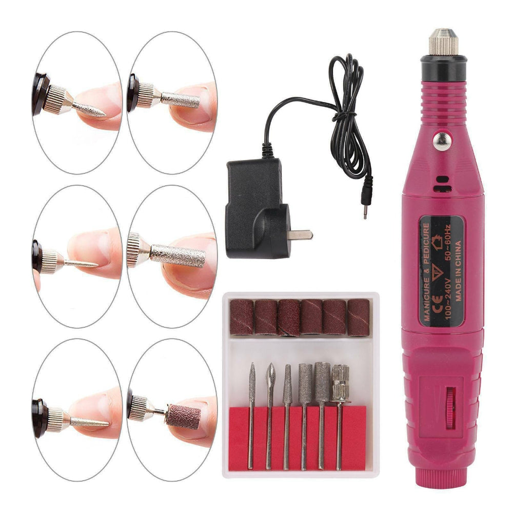 Electric Nail Drill Bits 12File Tool Kit with various drill bits for acrylic manicure and pedicure, featuring a pink design and compact size.