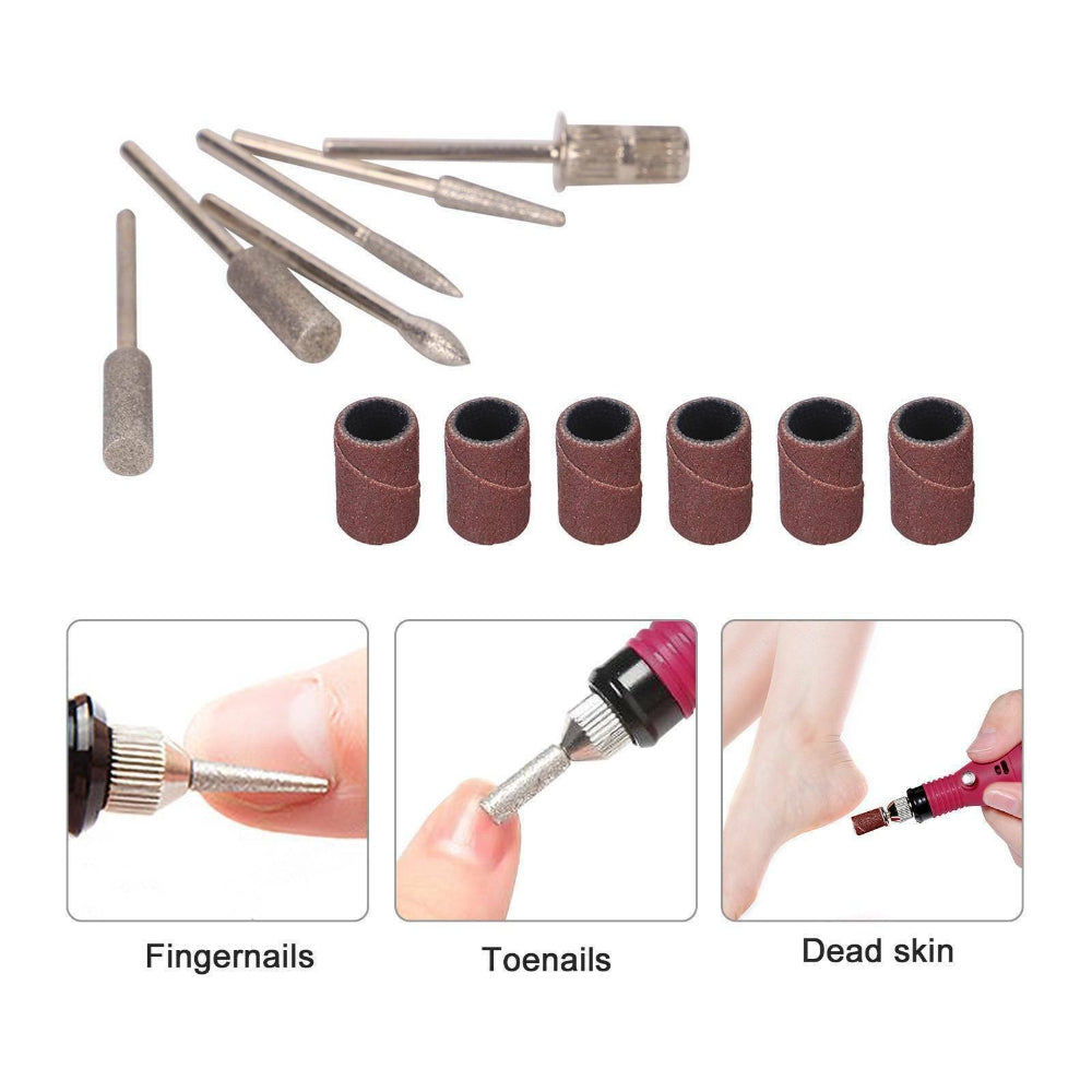 Electric Nail Drill Bits 12File Tool Kit with various drill bits for acrylic manicure and pedicure, featuring a pink design and compact size.