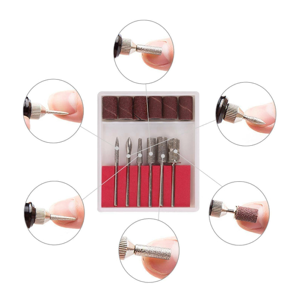 Electric Nail Drill Bits 12File Tool Kit with various drill bits for acrylic manicure and pedicure, featuring a pink design and compact size.