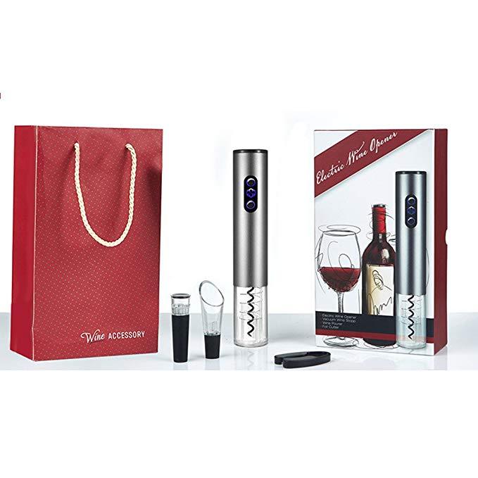 Electric red wine bottle opener set including opener, foil cutter, vacuum stopper, and pourer in a stylish silver finish.