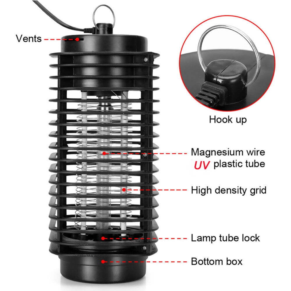 Electric UV Mosquito Killer Lamp with a sleek black design, featuring a protective plastic shield and UV light for effective insect trapping.