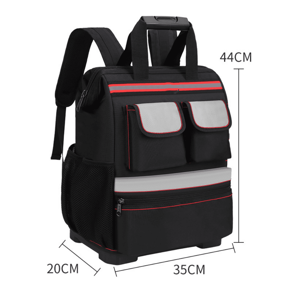 Electrician tool bag with a sturdy plastic bottom, featuring multiple pockets for tool organization and a comfortable knapsack design.