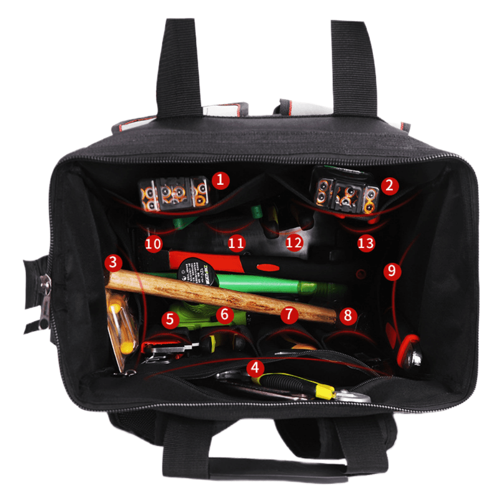 Electrician tool bag with a sturdy plastic bottom, featuring multiple pockets for tool organization and a comfortable knapsack design.