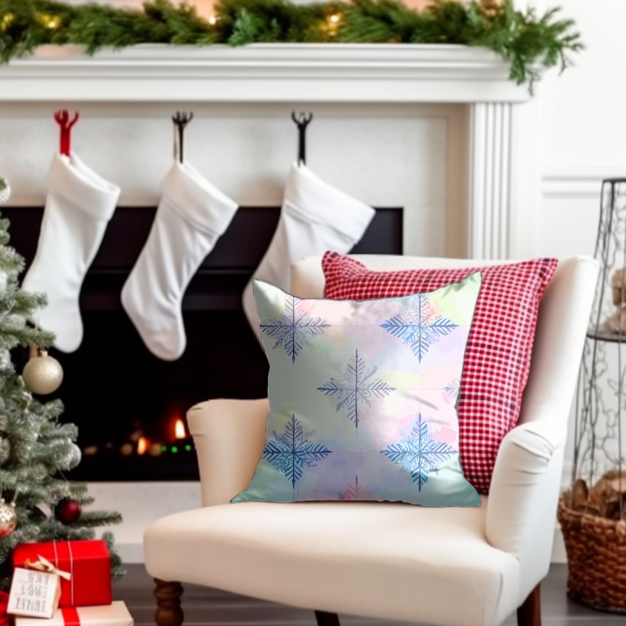 Elegant Snowflake Pattern Throw Pillow featuring intricate snowflake design in stylish colors, perfect for winter decor.