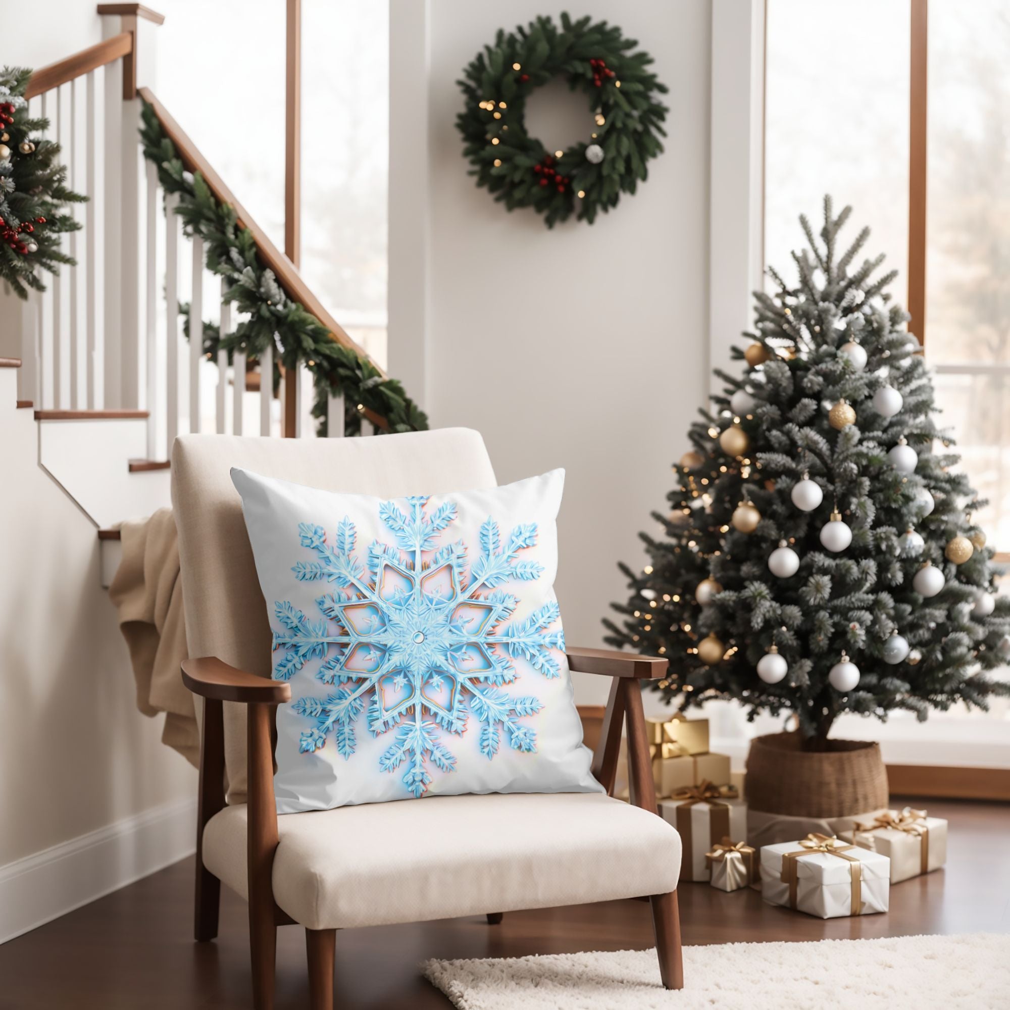 Elegant Snowflake Throw Pillow featuring a festive snowflake print on soft linen material, perfect for holiday decor.