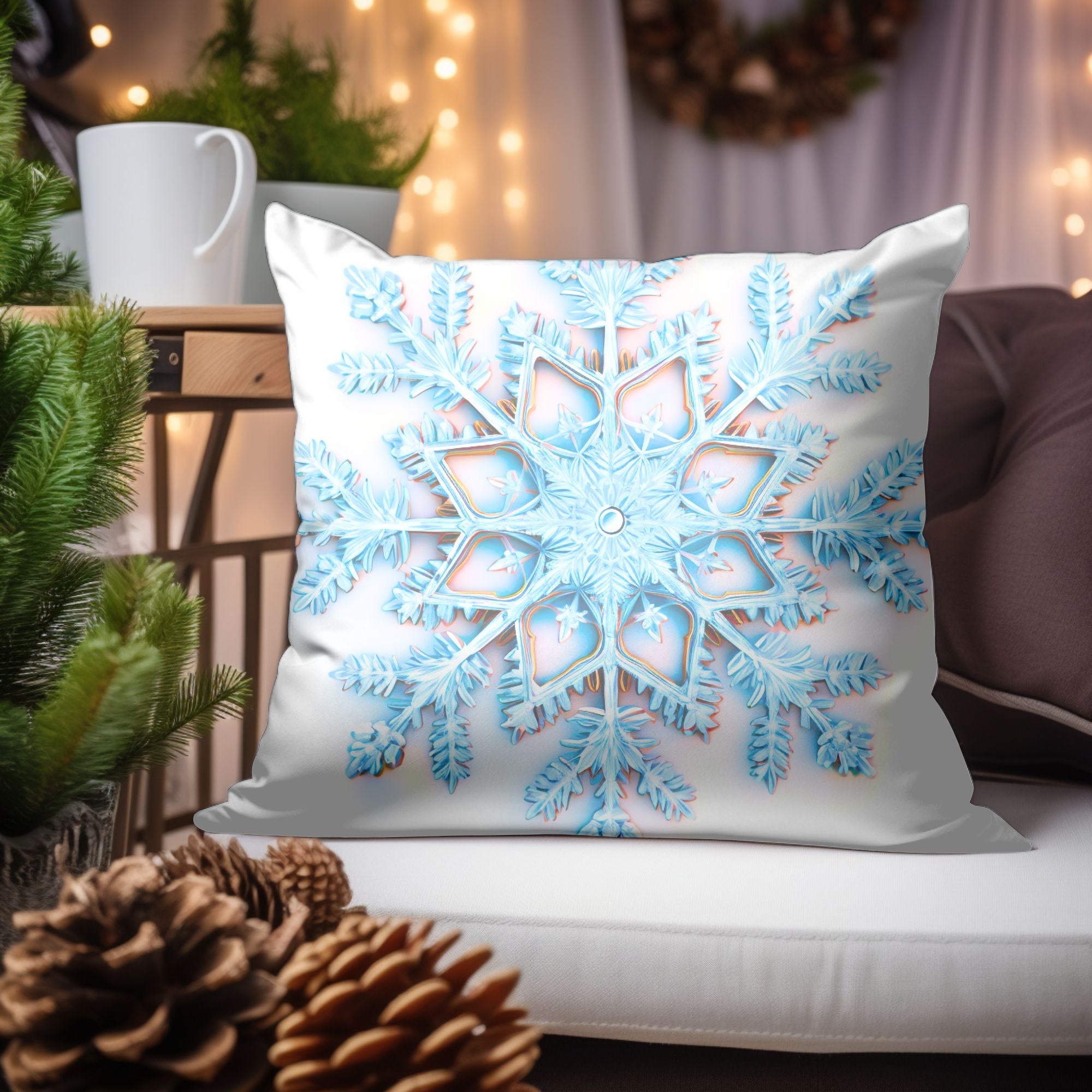 Elegant Snowflake Throw Pillow featuring a festive snowflake print on soft linen material, perfect for holiday decor.